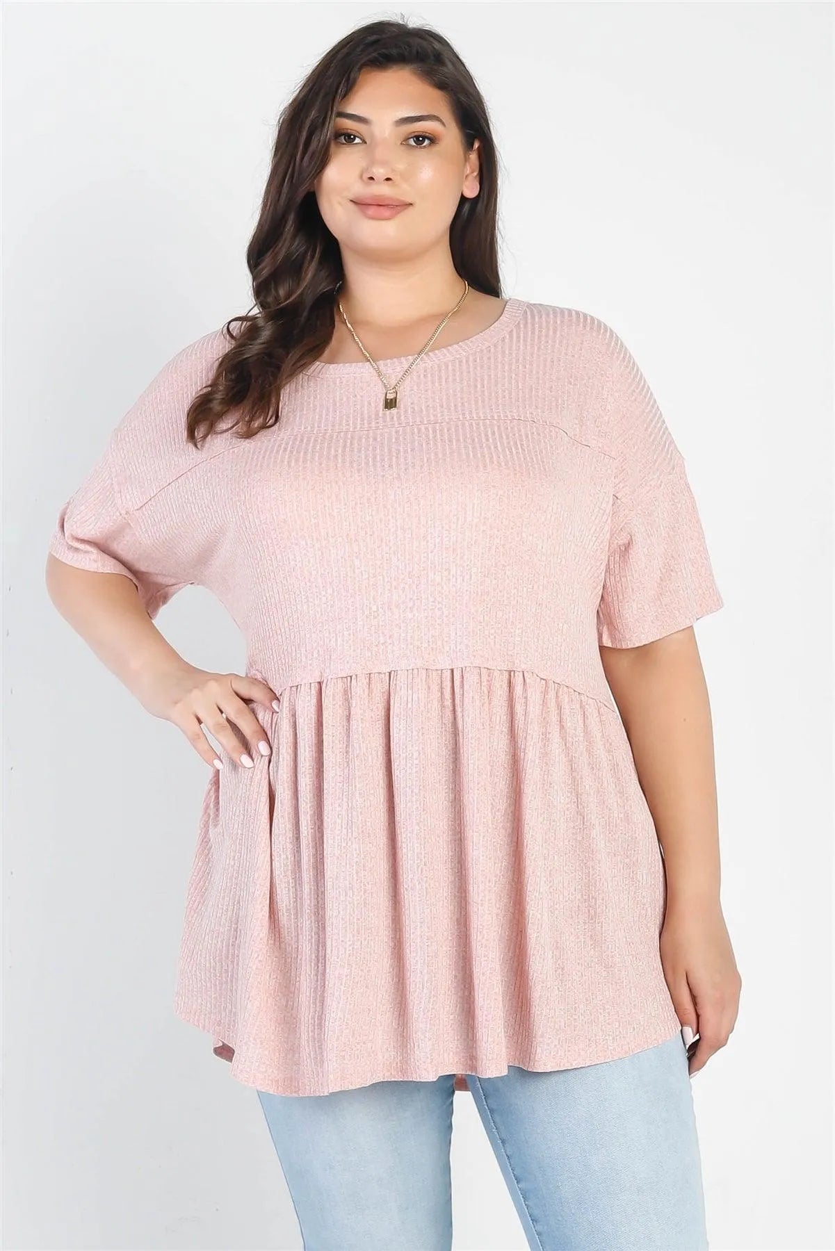 Junior Plus Blush Ribbed Trim Detail Short Sleeve Flare Hem Top /2-2-1 - Tasha Apparel Wholesale