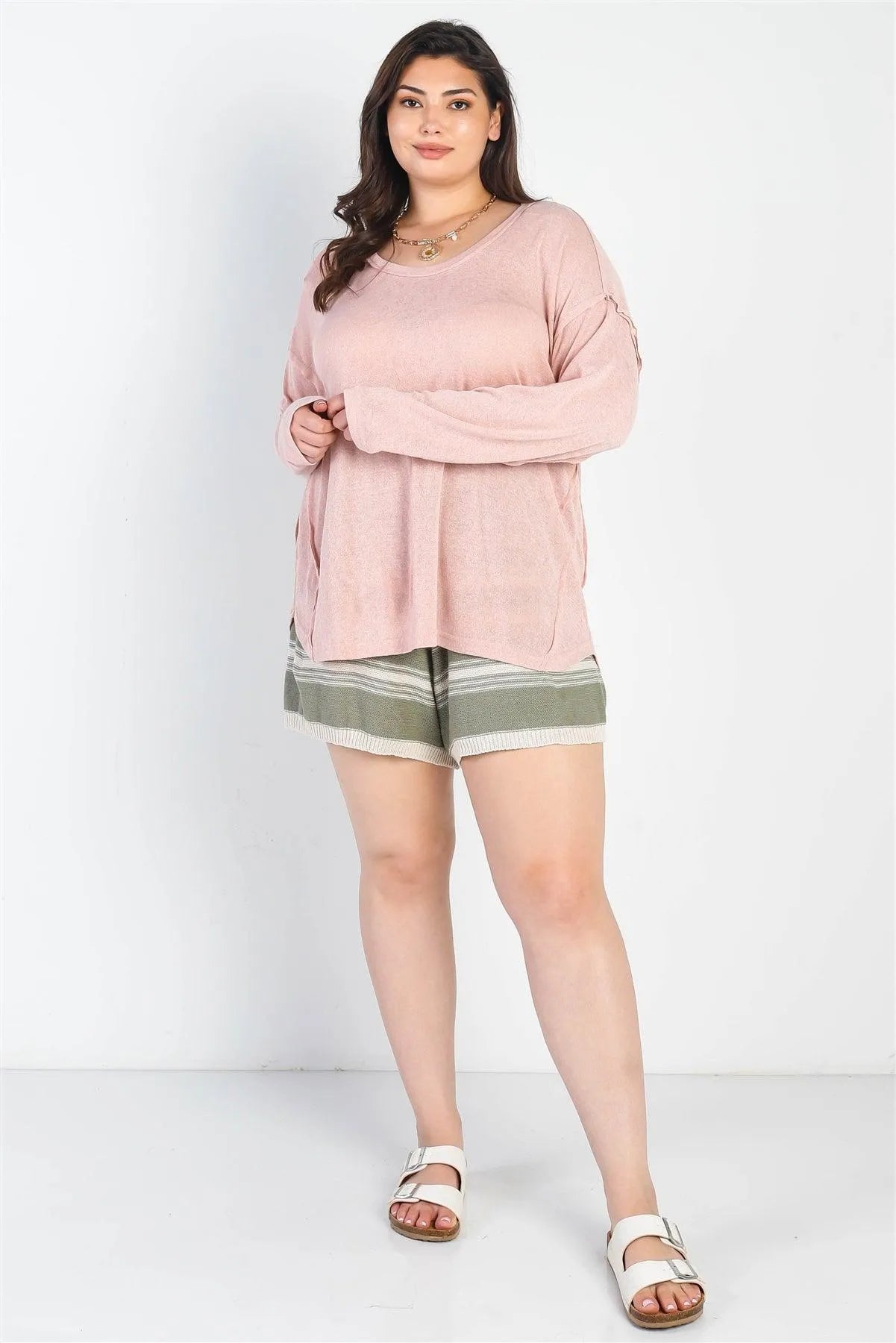 Junior Plus Blush Trim Detail Long Sleeve Top /3-2-1 - Tasha Apparel Wholesale
