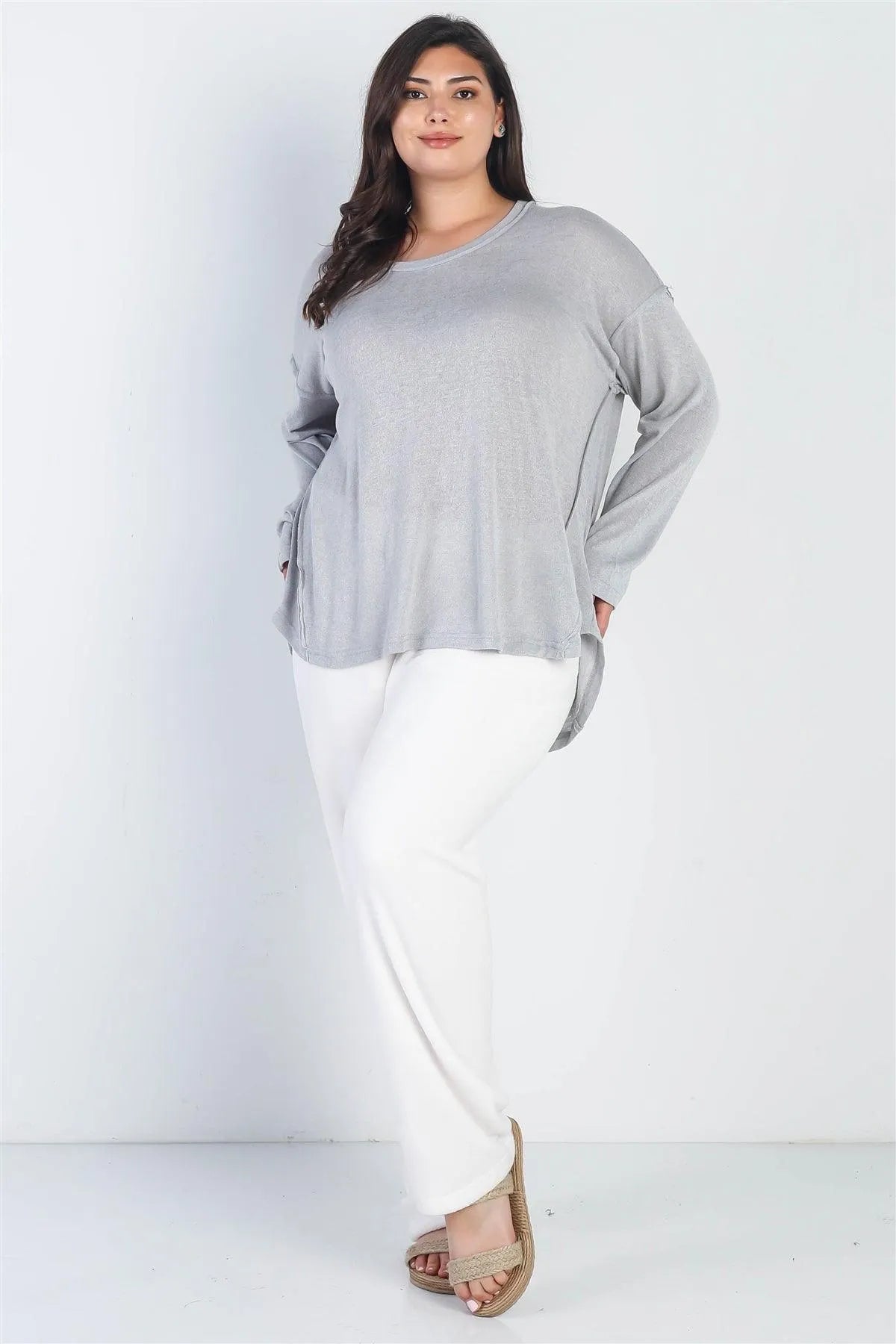 Junior Plus Grey Trim Detail Long Sleeve Top /3-2-1 - Tasha Apparel Wholesale
