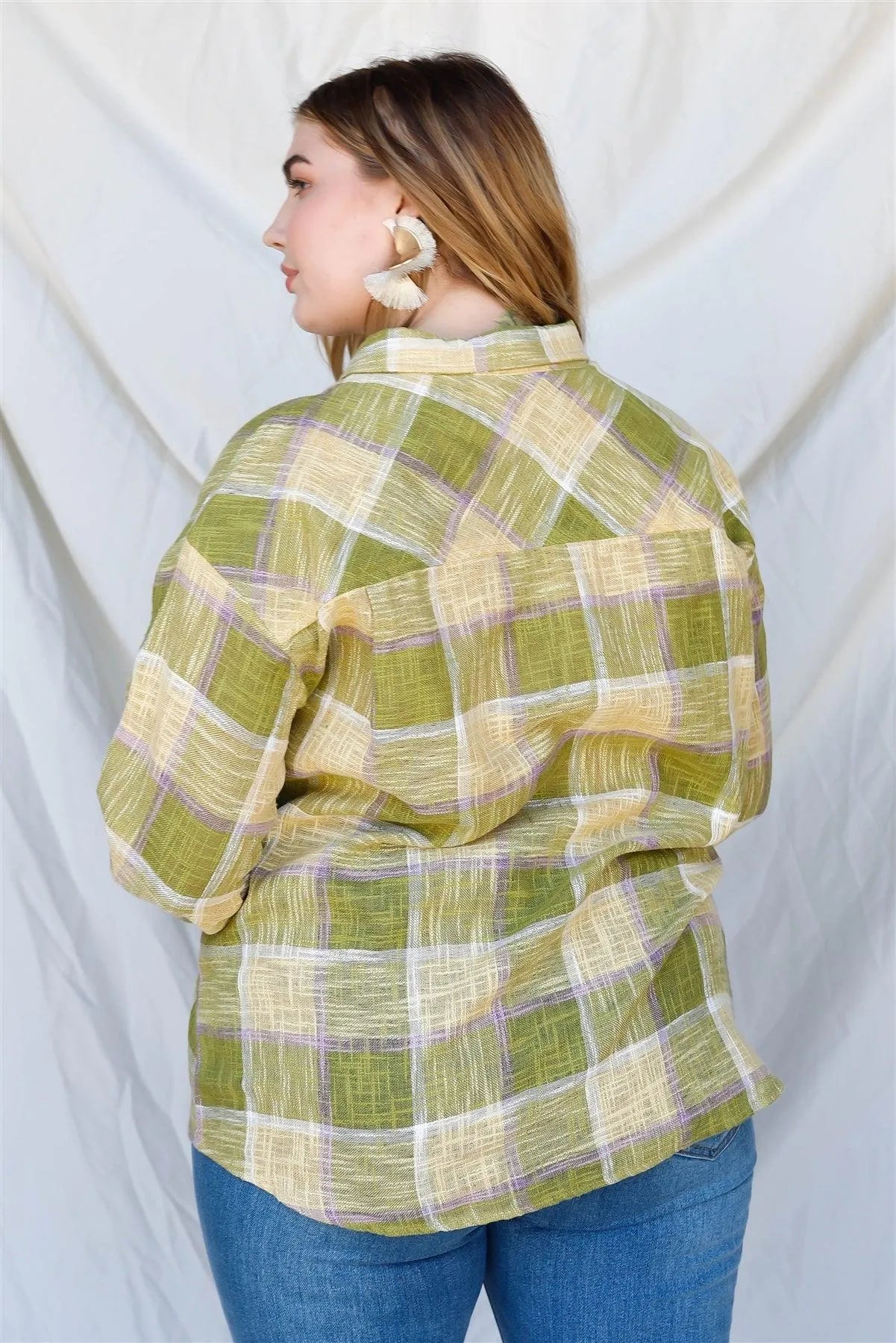 Junior Plus Lime Cotton & Linen Blend Textured Plaid Shirt Top /1-1-1 - Tasha Apparel Wholesale