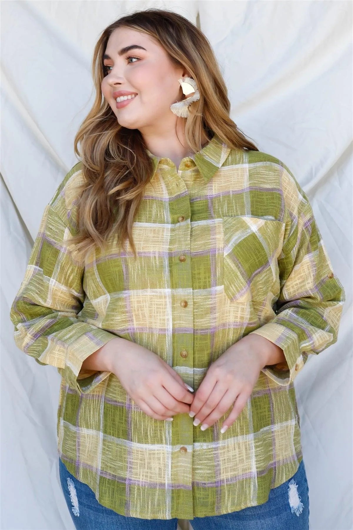 Junior Plus Lime Cotton & Linen Blend Textured Plaid Shirt Top /3-2-1 - Tasha Apparel Wholesale