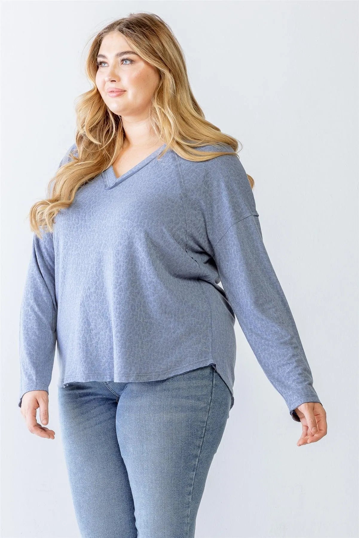 Junior Plus Blue Leopard Print V-Neck Long Sleeve Top /1-2-2 - Tasha Apparel Wholesale
