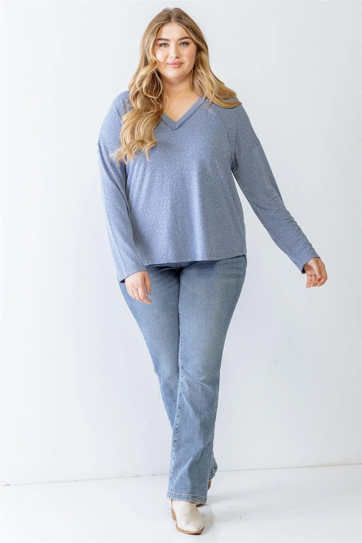 Junior Plus Blue Leopard Print V-Neck Long Sleeve Top /3-2-1 - Tasha Apparel Wholesale