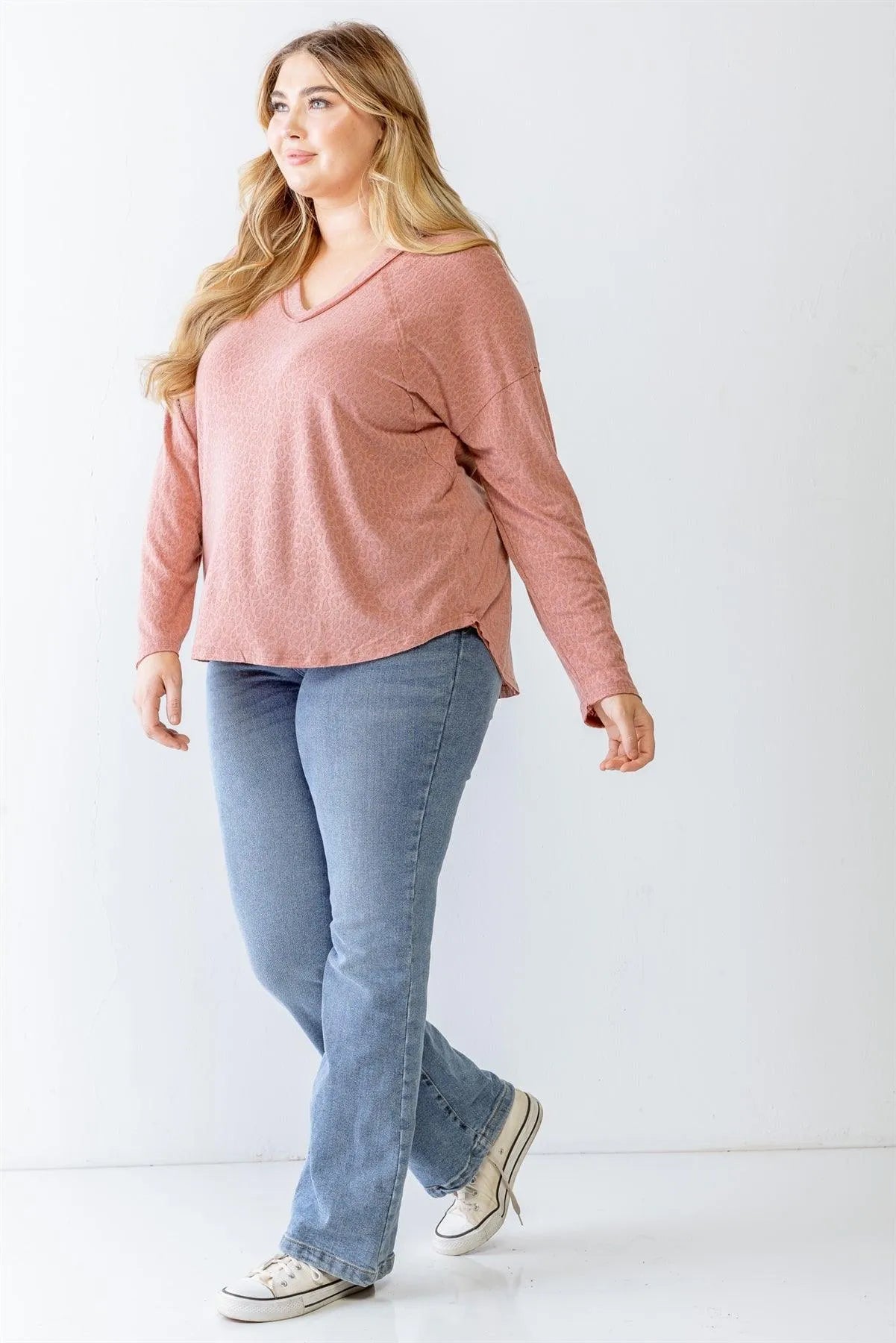 Junior Plus Brick Leopard Print V-Neck Long Sleeve Top /2-3-2 - Tasha Apparel Wholesale