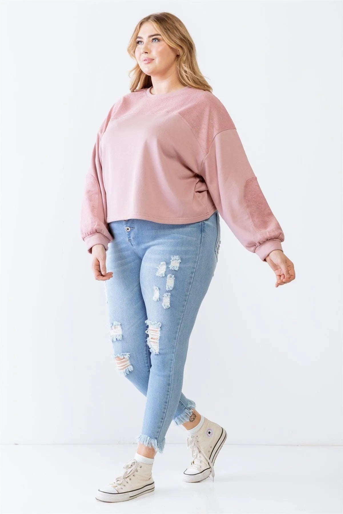 Junior Plus Mauve Knit Inset Crew Neck Long Sleeve Sweater /4-2 - Tasha Apparel Wholesale