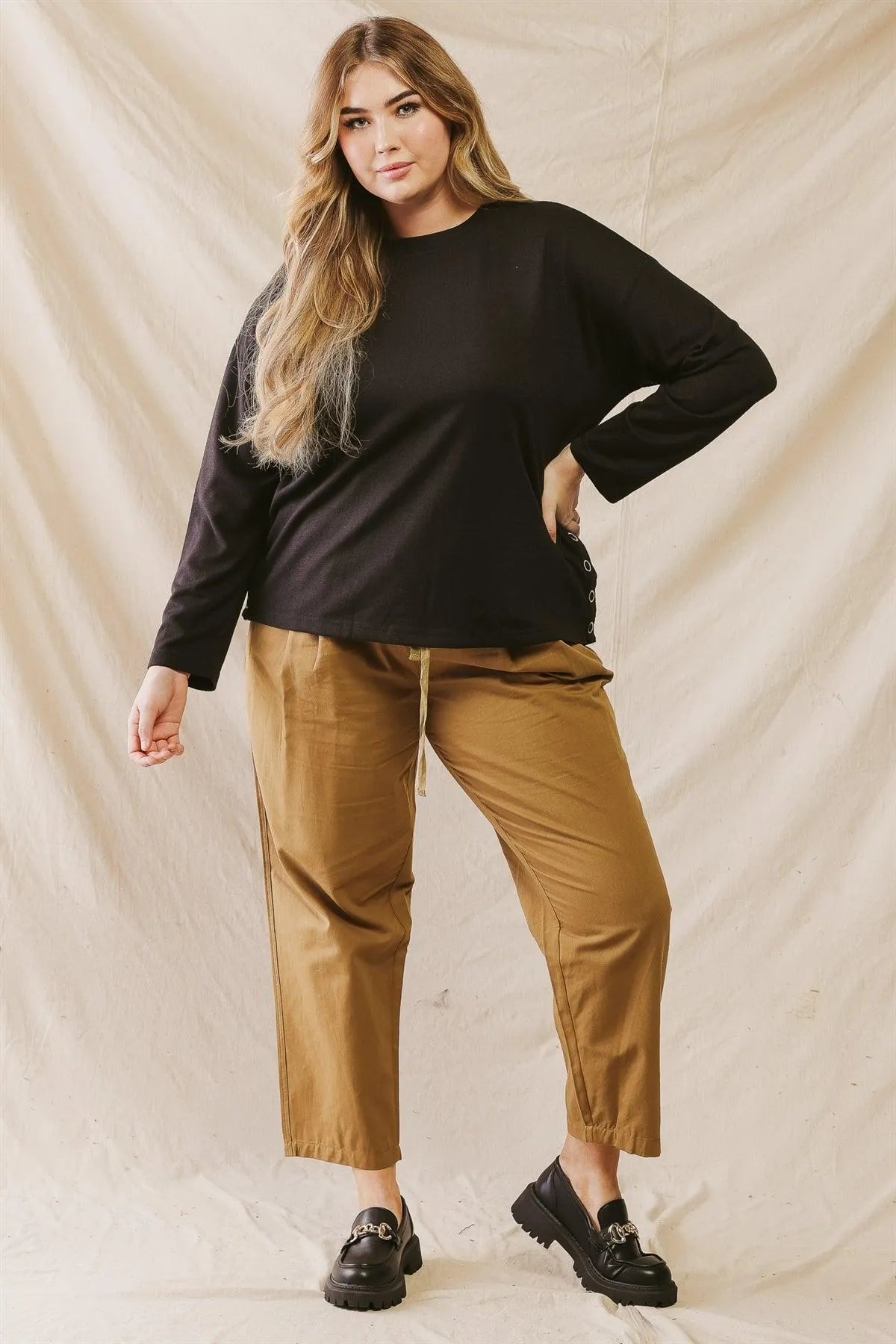 Junior Plus Black Side Button Detail Crew Neck Long Sleeve Top /3-2-1 - Tasha Apparel Wholesale