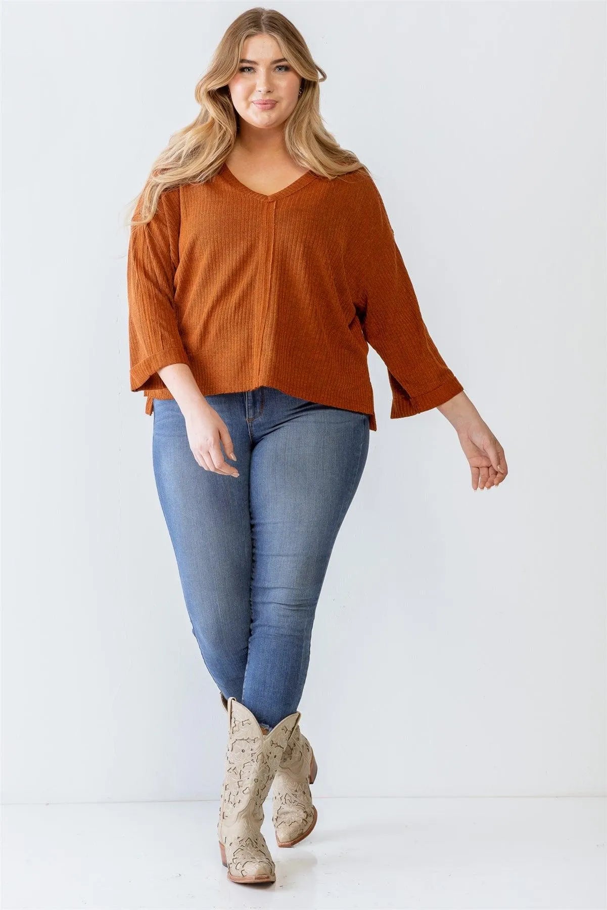 Junior Plus Rust Ribbed V-Neck Long Sleeve Top - Tasha Apparel Wholesale