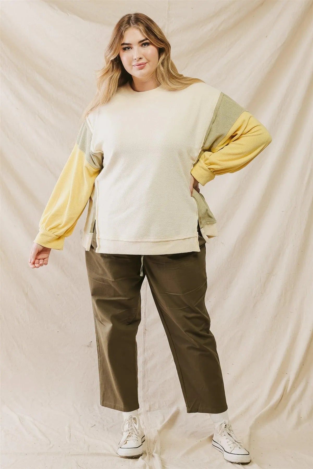 Junior Plus Cream Colorblock Inside Out Trim Detail Soft To Touch Sweater /3-2-1 - Tasha Apparel Wholesale