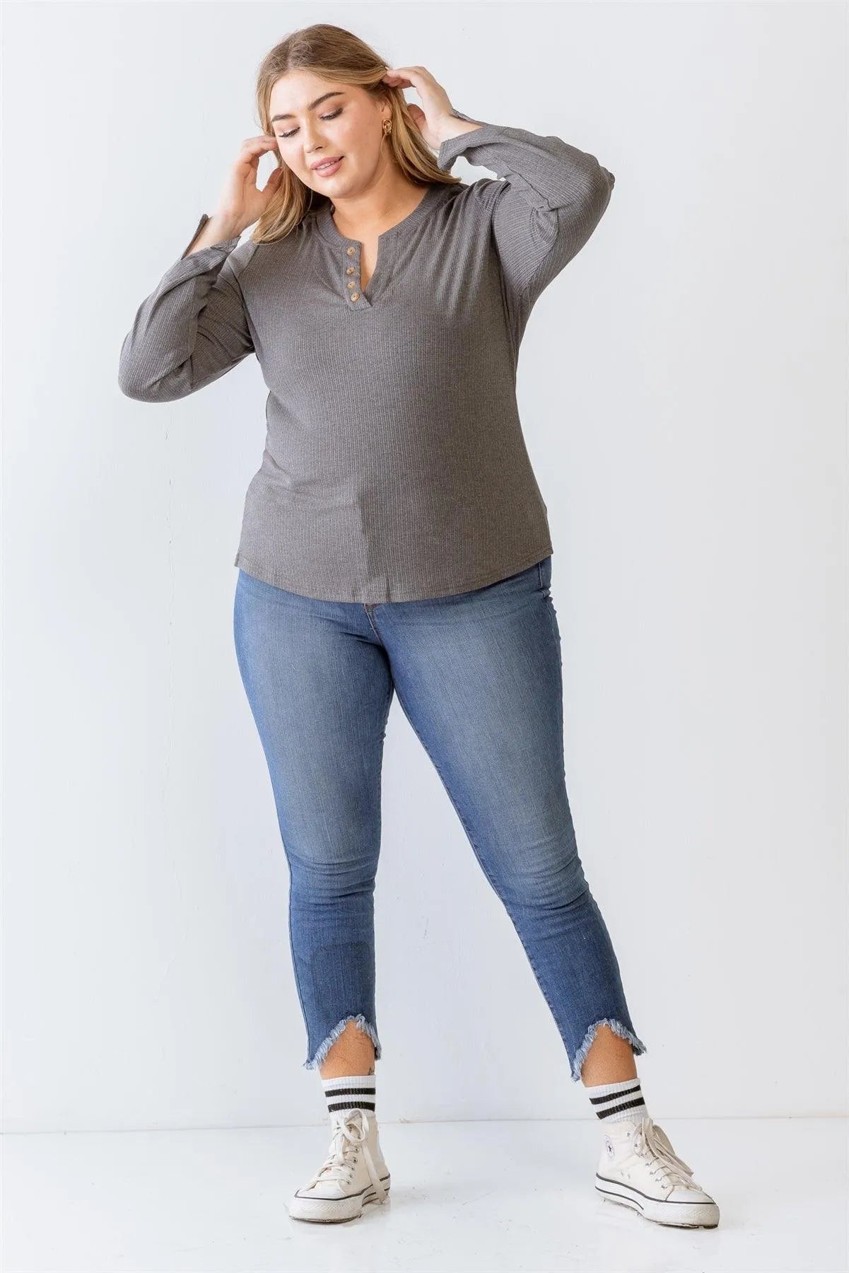 Junior Plus Charcoal Ribbed Button-Up Long Sleeve Top /3-2-1 - Tasha Apparel Wholesale