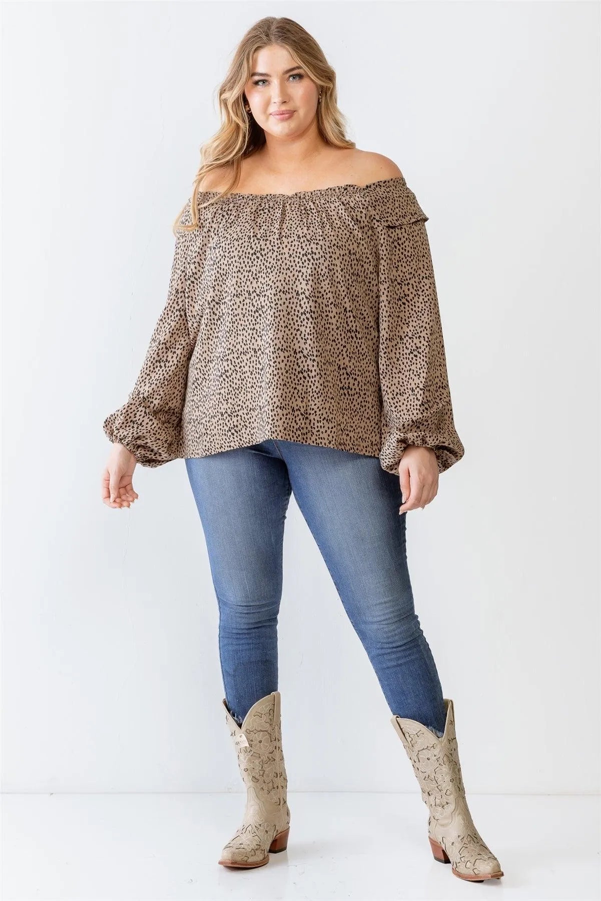 Plus Size Polka Dot Off-The-Shoulder Ruffle Top - Tasha Apparel Wholesale