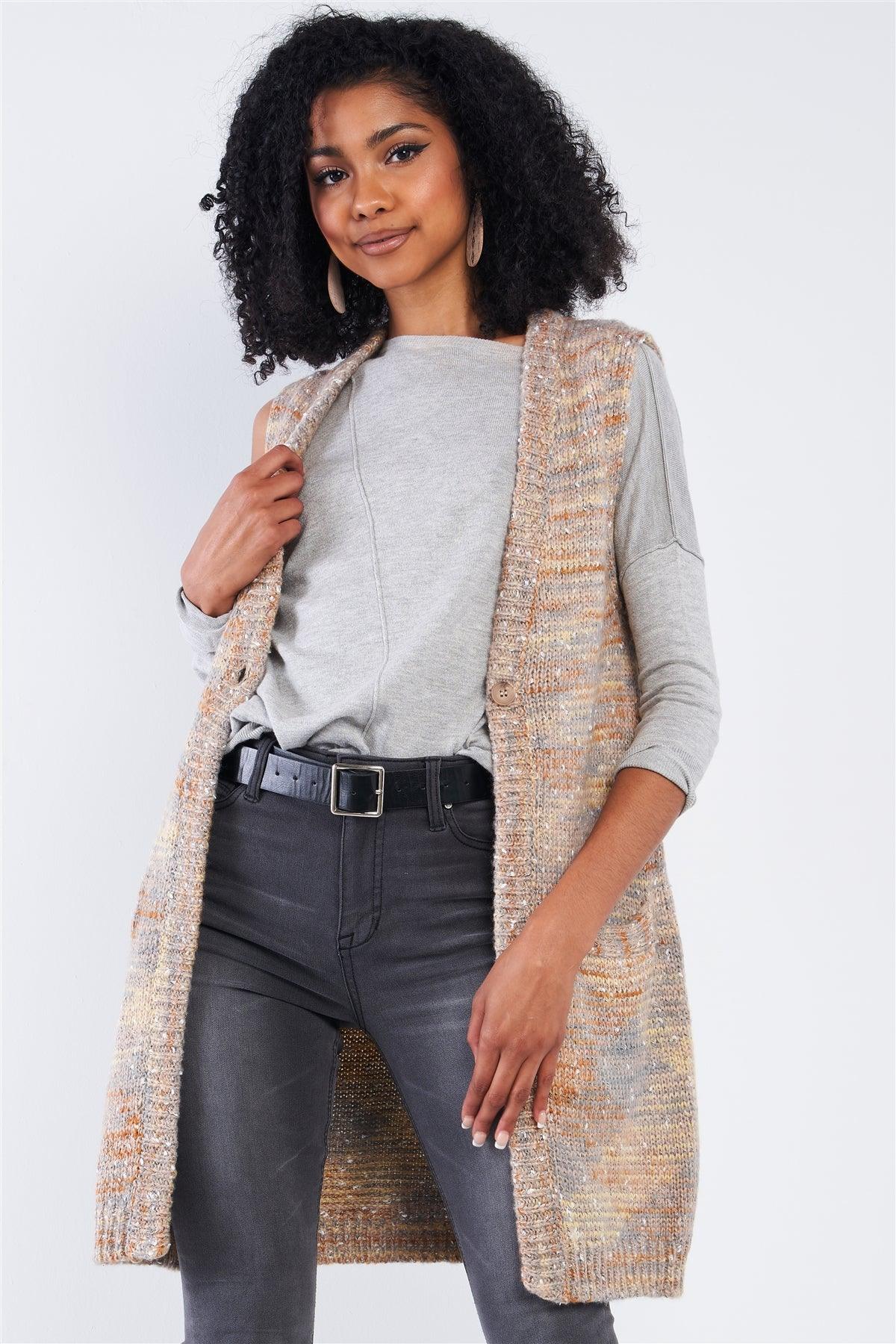 Sleeveless Cream Multi-Color Knee Length Sweater Vest