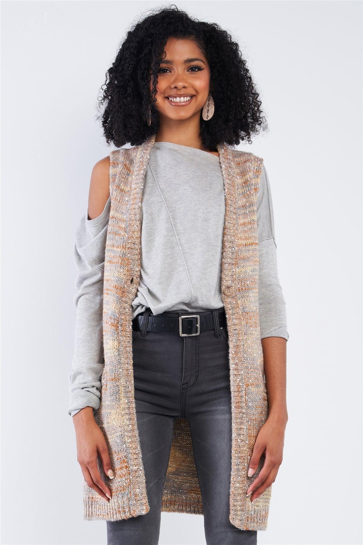 Sleeveless Cream Multi-Color Knee Length Sweater Vest