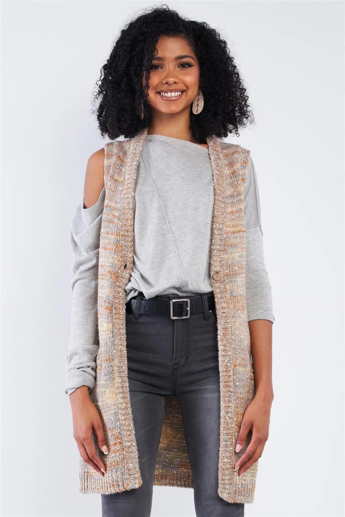 Sleeveless Cream Multi-Color Knee Length Sweater Vest - Tasha Apparel Wholesale