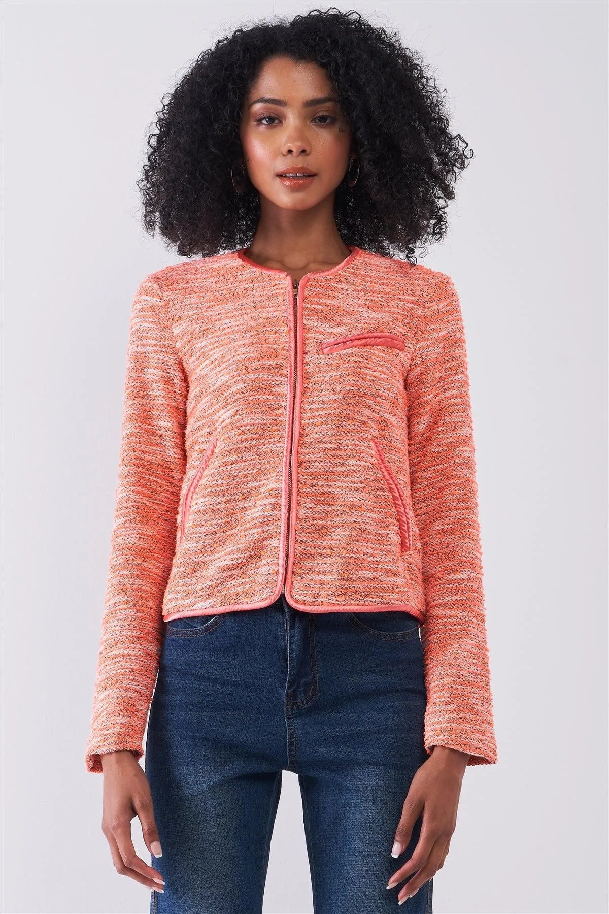 Delicious Orange Vintage Tweed Long Sleeve Front Zip-Up Detail Jacket With Pockets /1-1-2 - Tasha Apparel Wholesale