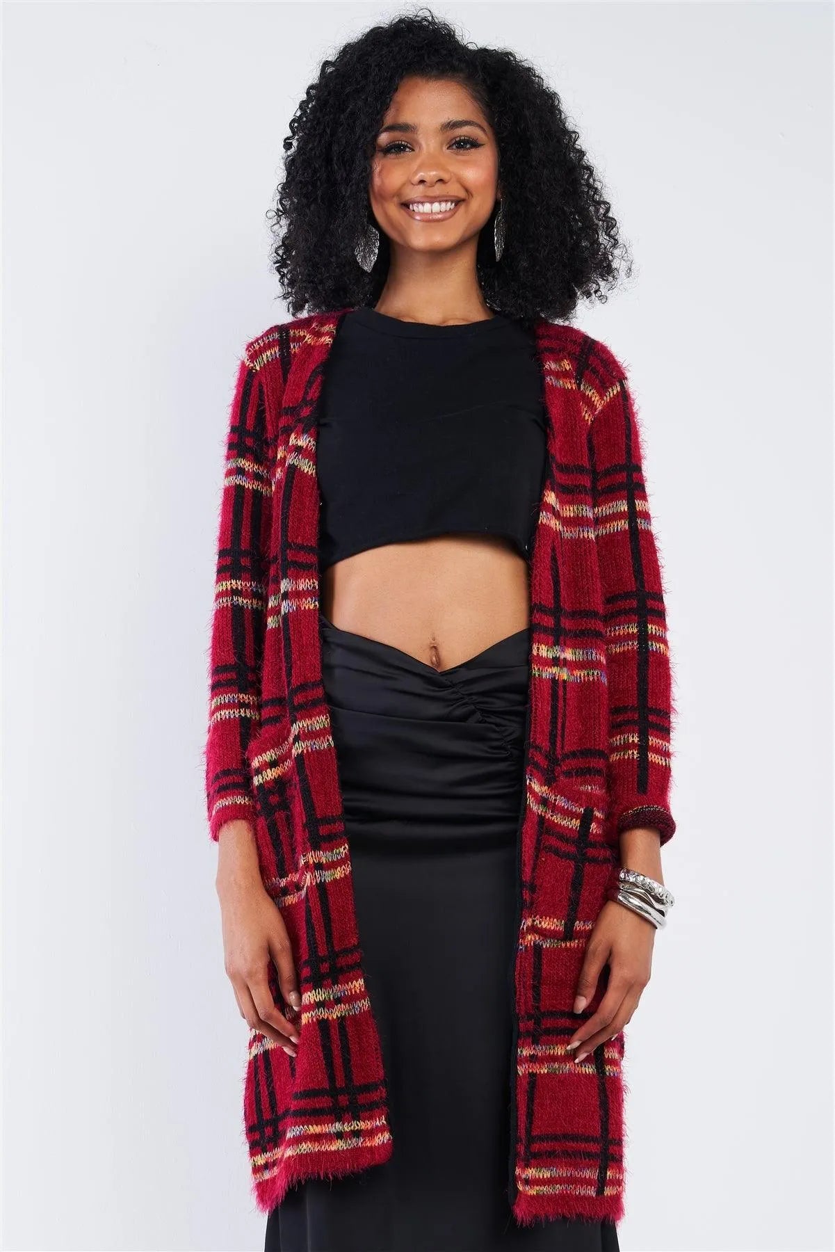 Red Multi Color Plaid Knit Open Front Casual Cardigan - Tasha Apparel Wholesale