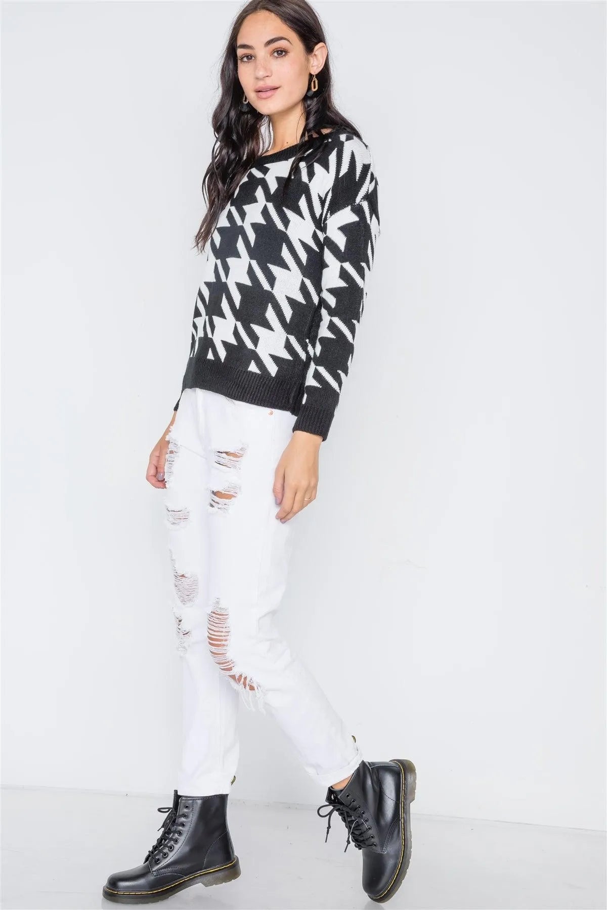 Black Geo Print Color Block Knit Sweater /3-2 - Tasha Apparel Wholesale