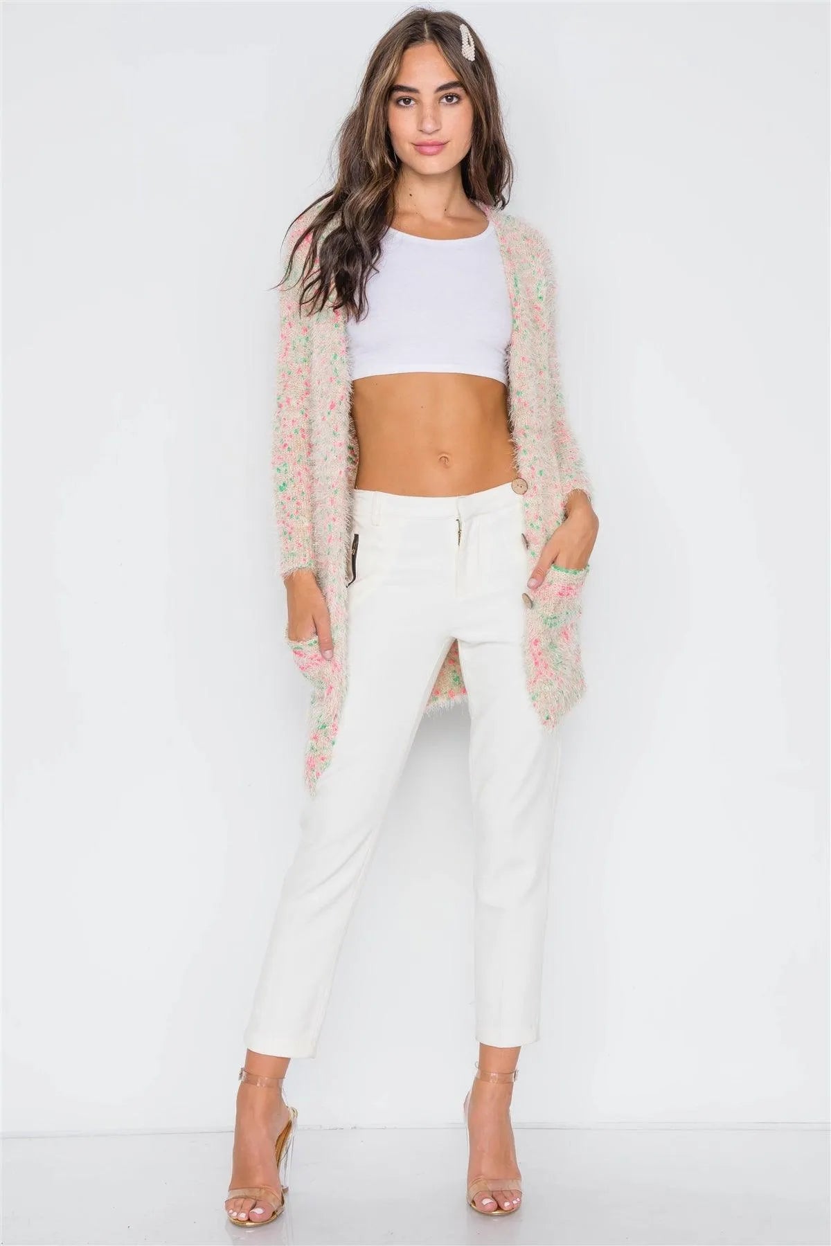 Cream Multi Fuzzy Knit Button-Front Soft Cardigan /6 Pieces One Size - Tasha Apparel Wholesale