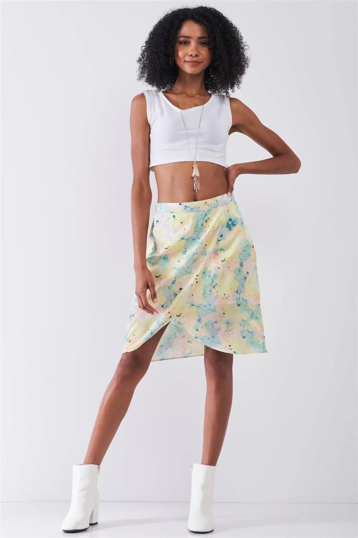 Impressionist's Paradise Multicolor Floral High Waist Front Wrap Detail Tulip Petal Skirt /1-2-2-1 - Tasha Apparel Wholesale