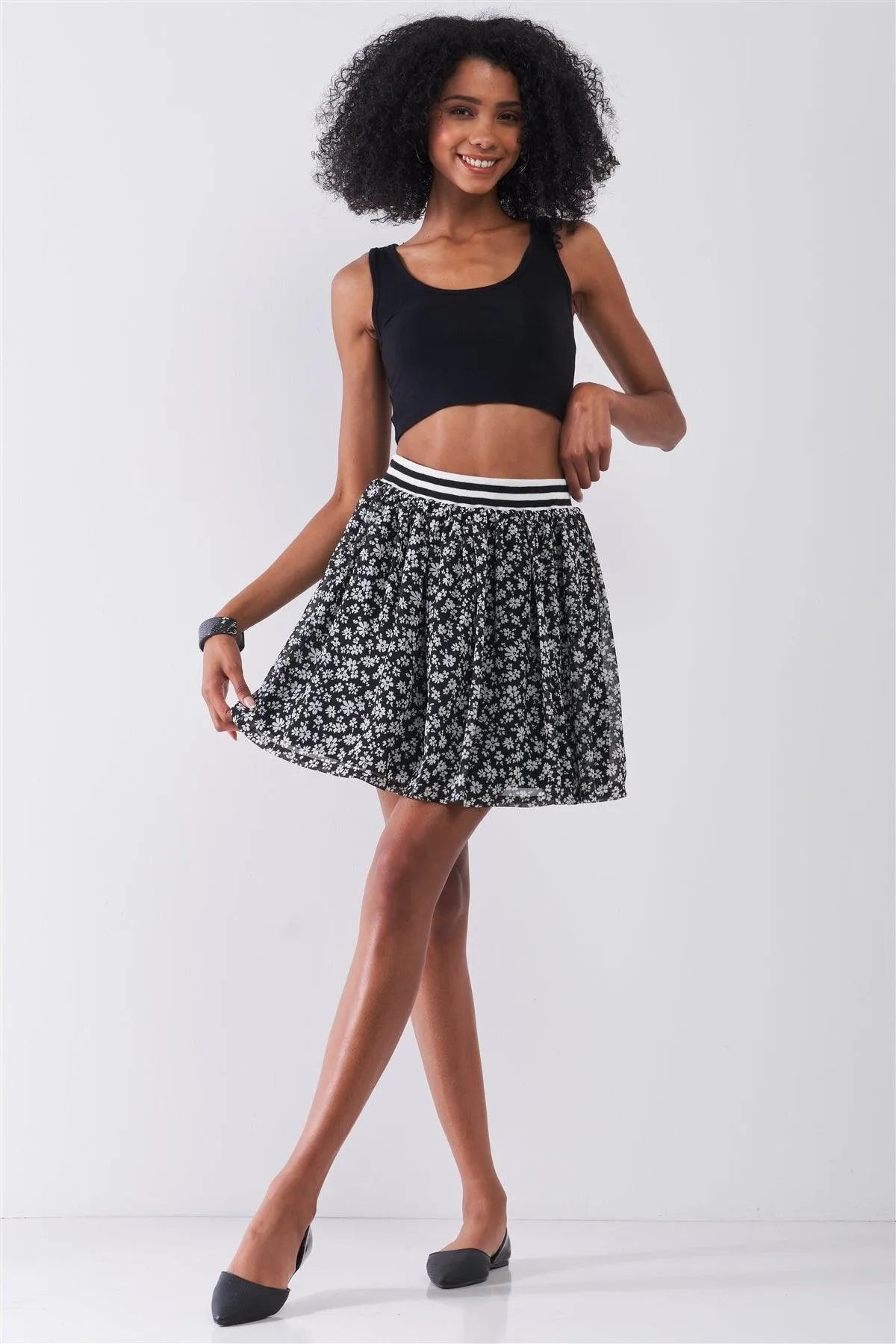 Black & White Floral Print Sporty Striped Elasticized High Waistband Detail Flare Mini Skirt /1-2-2-1 - Tasha Apparel Wholesale