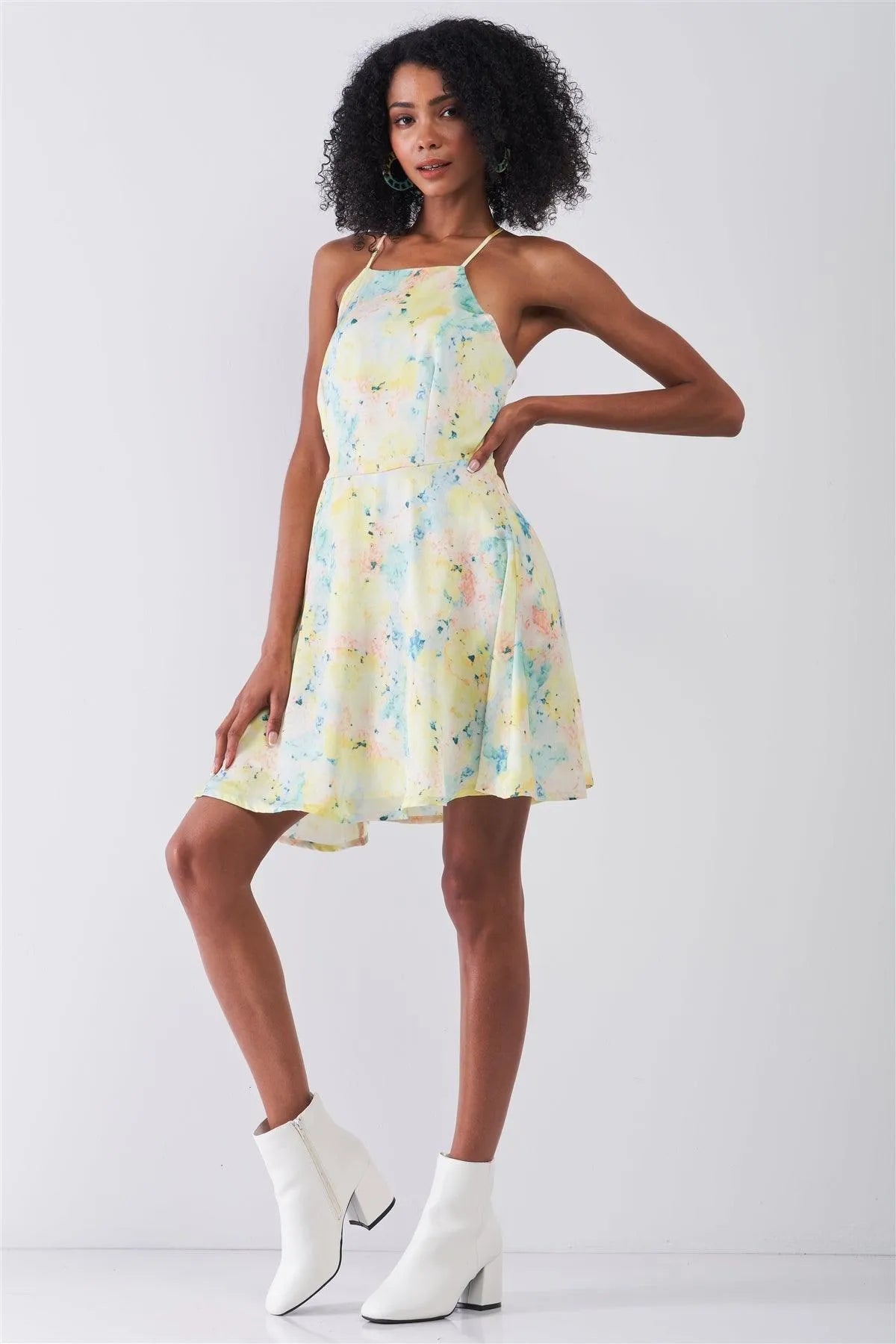 Multicolor Floral Sleeveless Criss-Cross Back Straps Detail Square Neck Mini Dress /1-2-3-1 - Tasha Apparel Wholesale