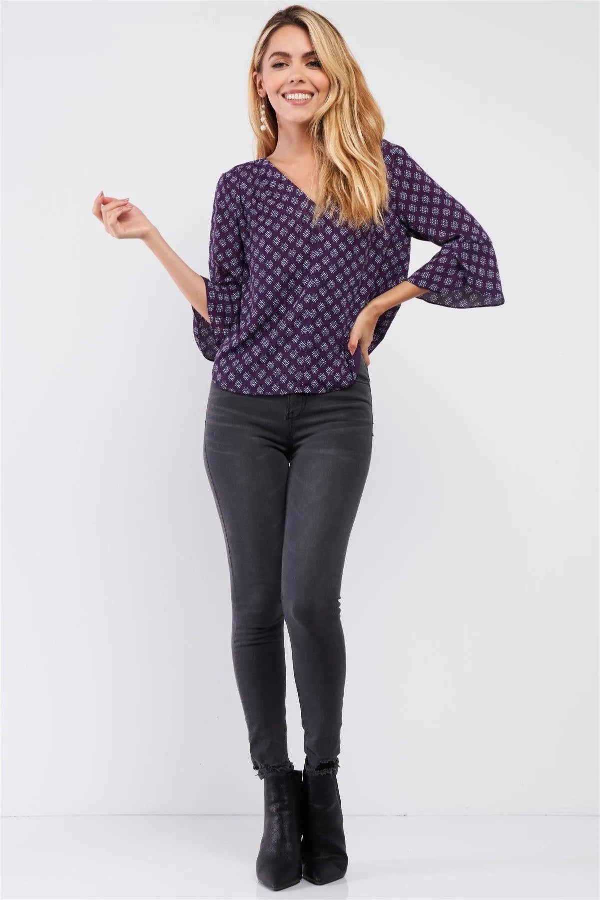 Purple Multi Color Print V-Neck Midi Sleeve Flare Heme Self-Tie Back Detail Top /1-2-2-1 - Tasha Apparel Wholesale