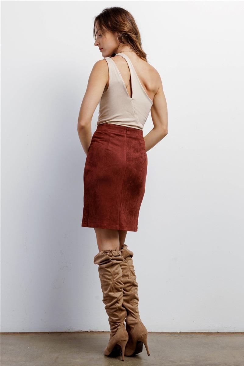 Redwood Faux Suede High-Waisted Asymmetrical Stitch Mini Skirt
