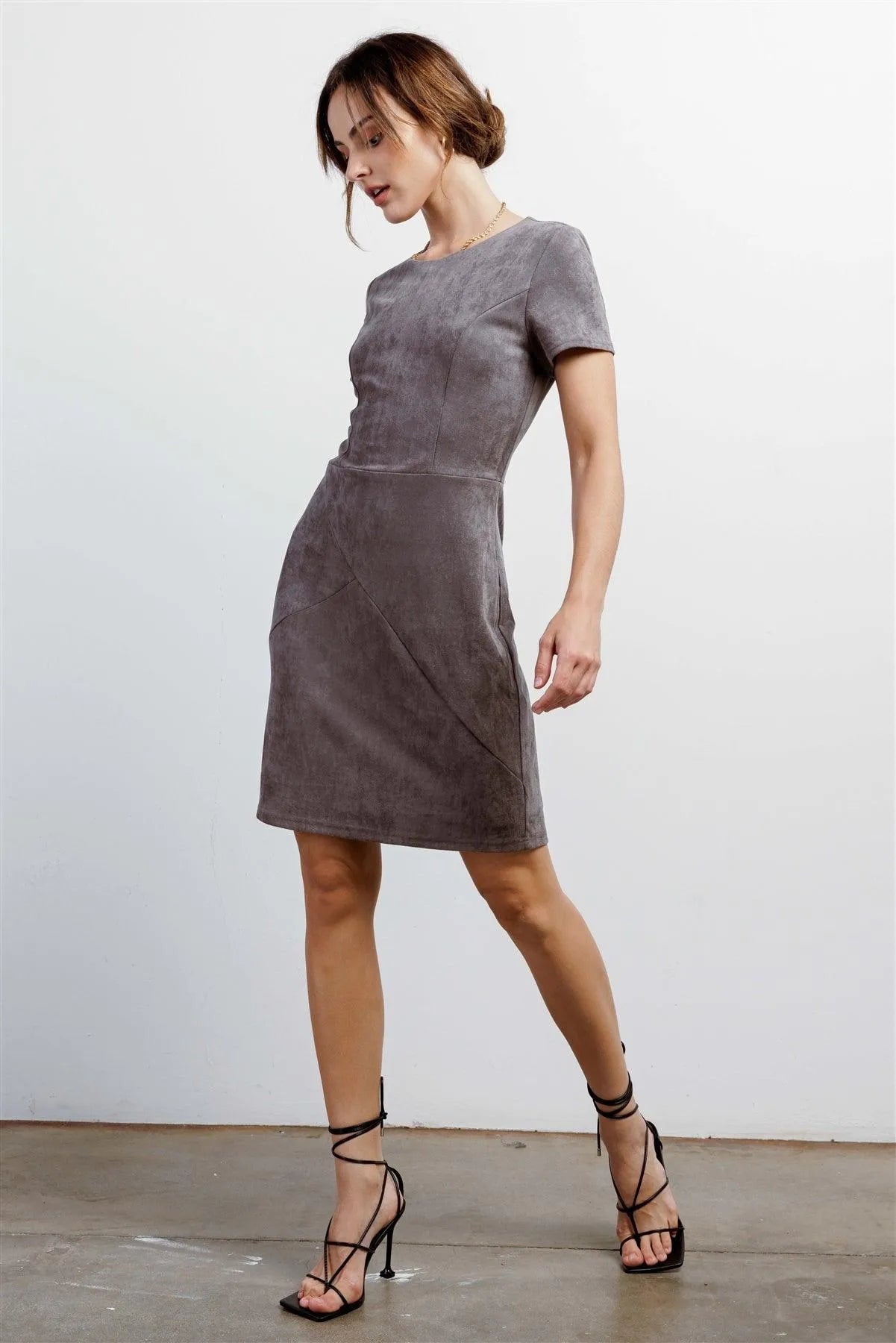 Heather Grey Faux Suede Short Sleeve Round Neck Fitted Mini Dress /1-2-2-1 Heather Grey Faux Suede Short Sleeve Round Neck Fitted Mini Dress /1-2-2-1