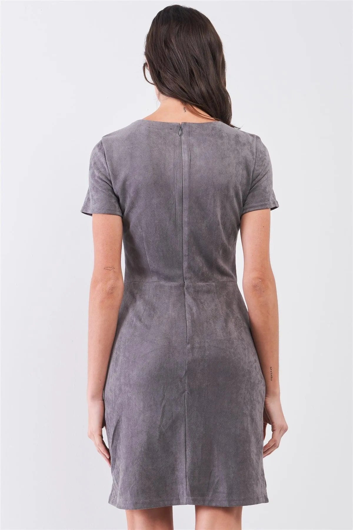 Heather Grey Faux Suede Short Sleeve Round Neck Fitted Mini Dress /1-1-1-1-1-1 - Tasha Apparel Wholesale