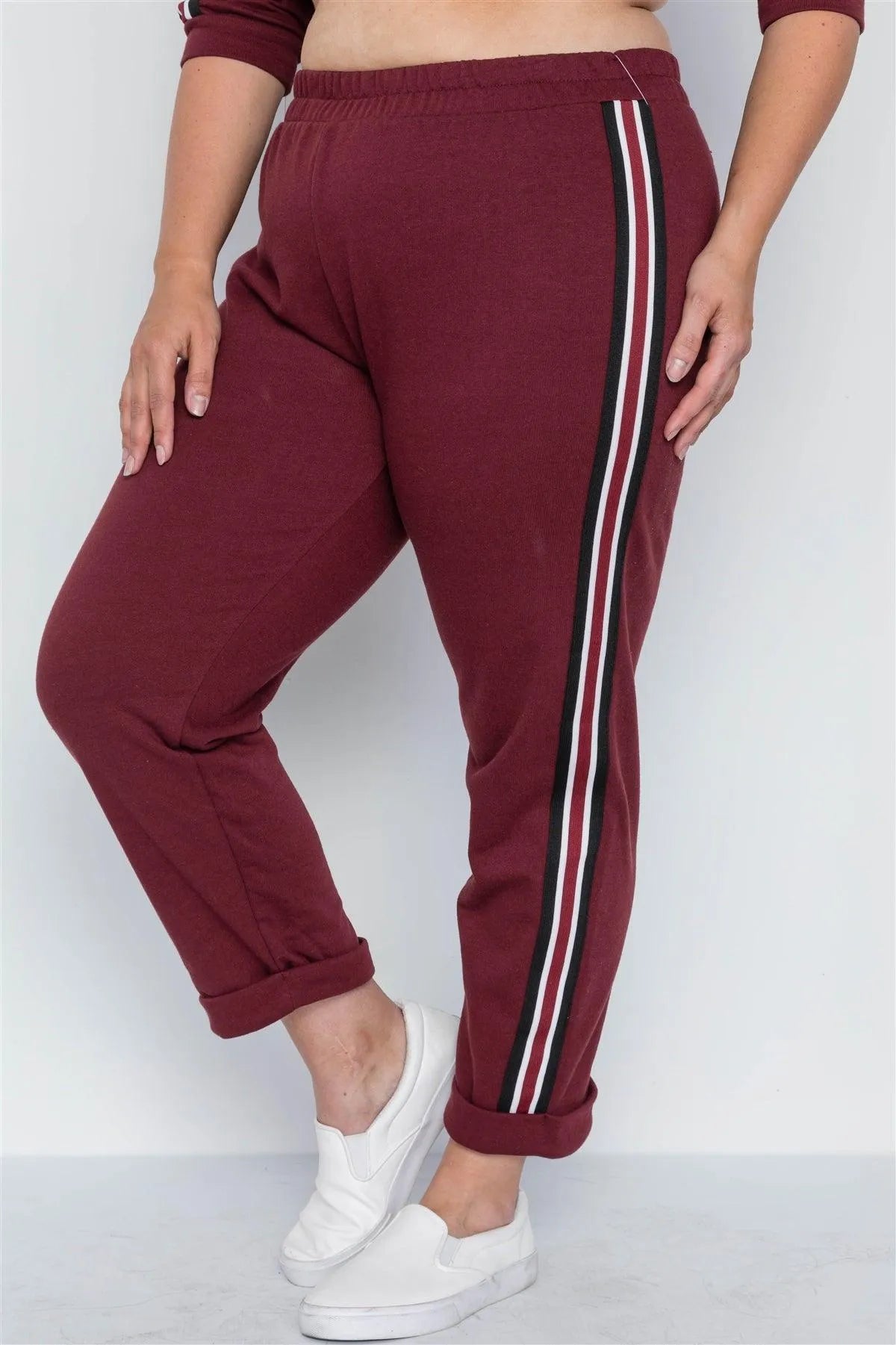 Plus Size Burgundy Sporty Contrast Trim Two Pice Set /1-2 - Tasha Apparel Wholesale