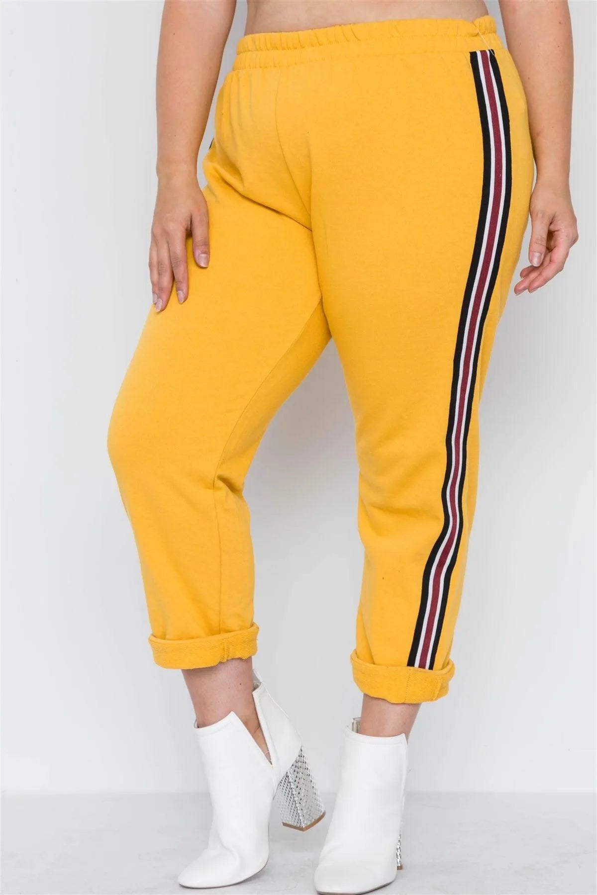 Plus Size Mustard Sporty Contrast Trim Two Pice Set /2-2-2 - Tasha Apparel Wholesale