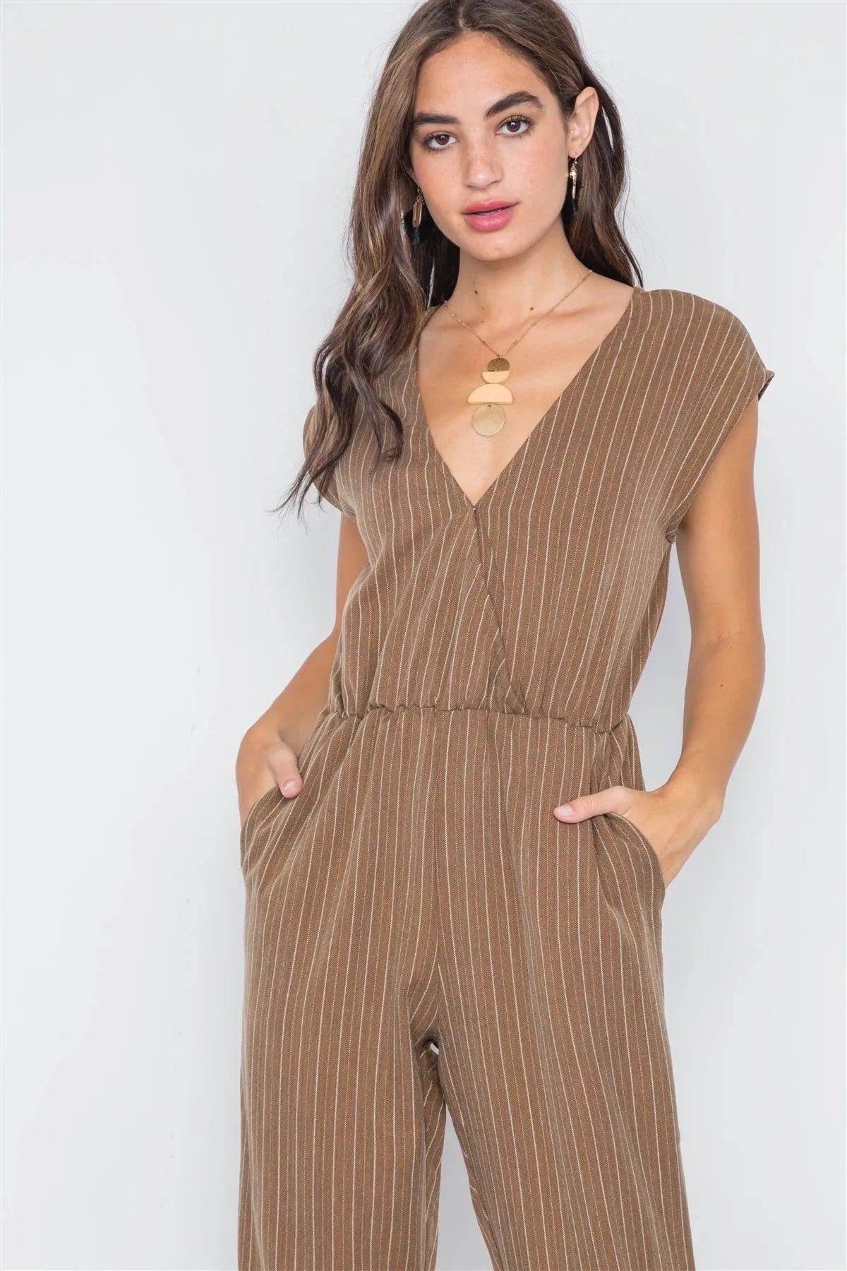 Branch Stripe Surplice Straight Leg Jumpsuit /3-2-1 - Tasha Apparel Wholesale
