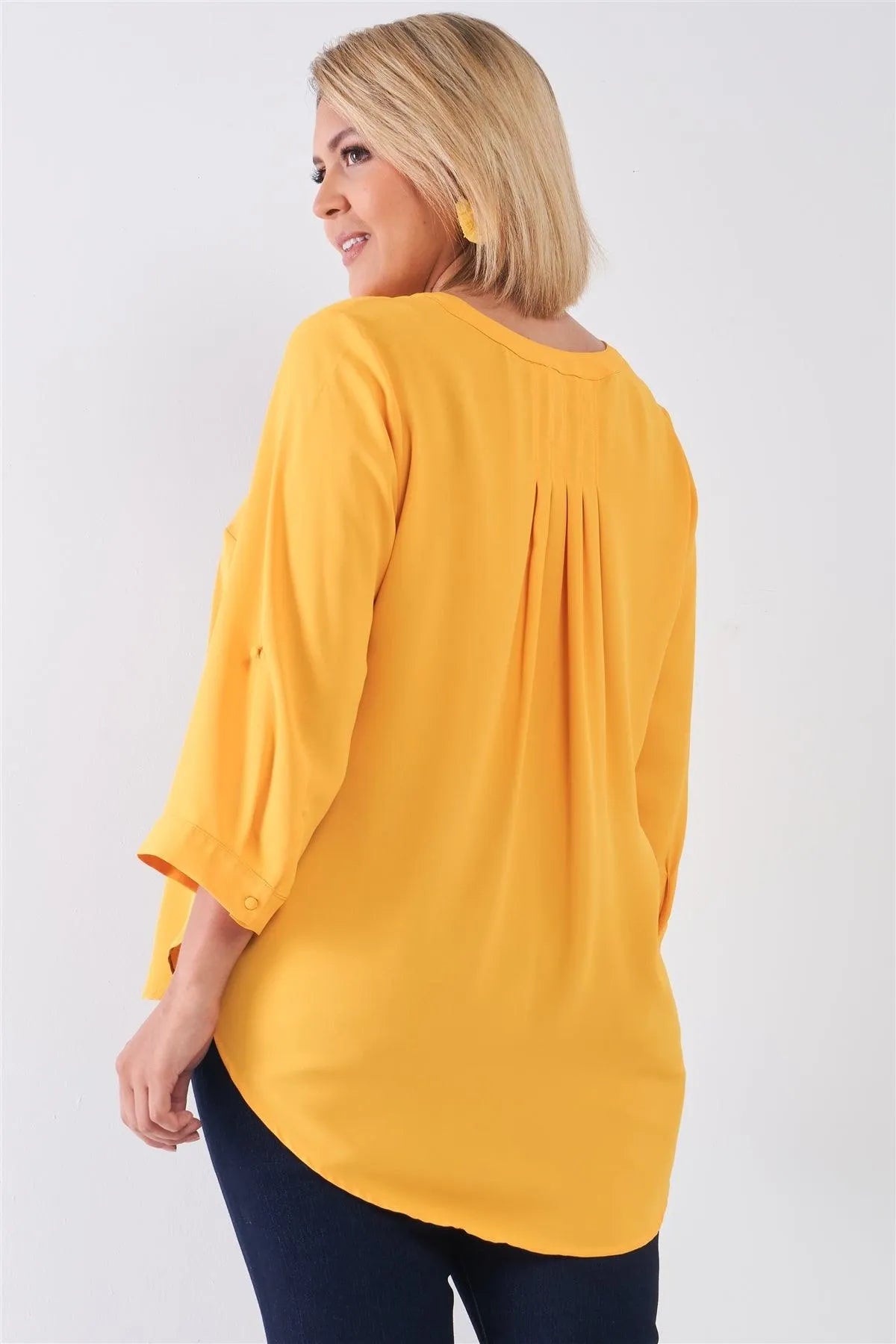 Junior Plus Size Tuscan Sun Yellow V-Neck Midi Sleeve Pleated Back Detail Relaxed Tunic Top /2-2-1 - Tasha Apparel Wholesale