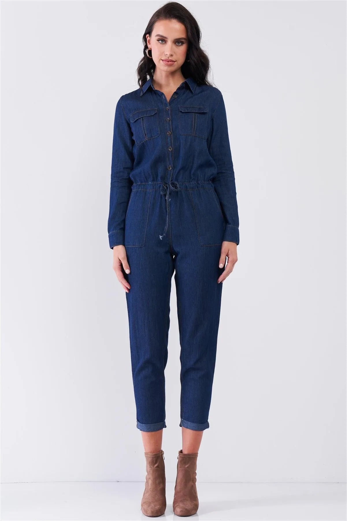 Dark Blue Long Sleeve Button Down Front Self-Tie Waist Denim Jumpsuit - Tasha Apparel Wholesale