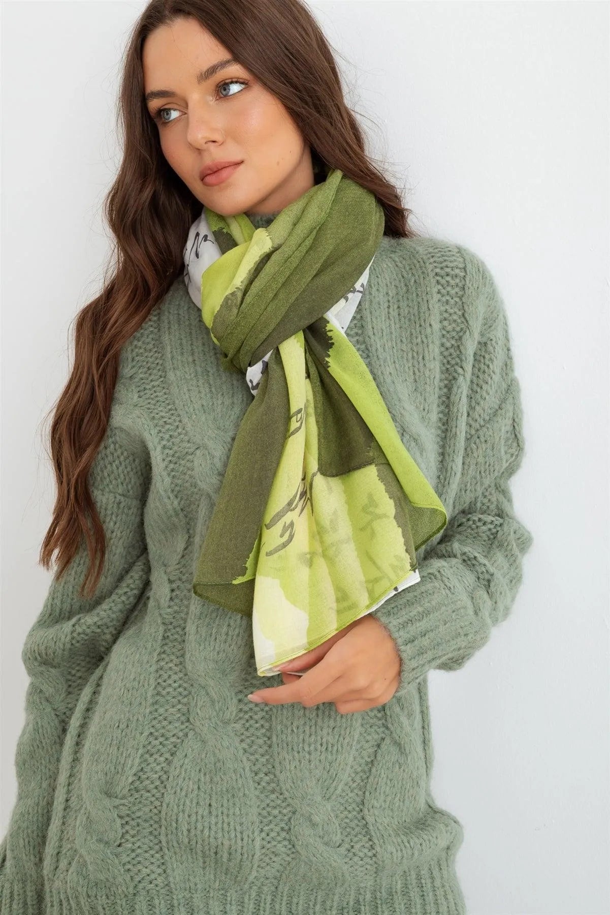 Green Hangul Design Korean Languages Wrap Long Shawl Scarf - Tasha Apparel Wholesale