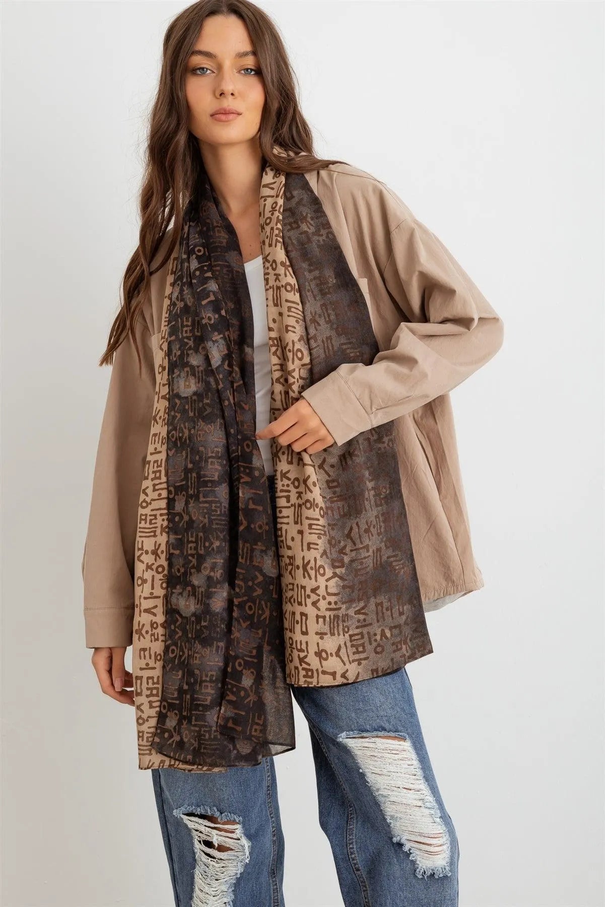 Hangul Design Korean Languages Wrap Long Shawl Scarf - Tasha Apparel Wholesale