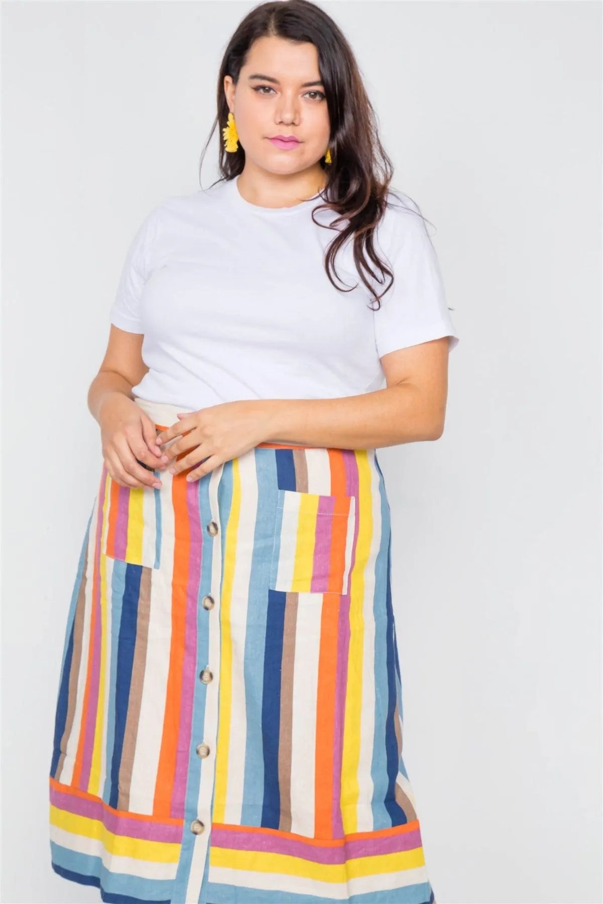Plus Size Multi Stripe Print Front Buttons Midi Skirt / 1-2-2-1 - Tasha Apparel Wholesale