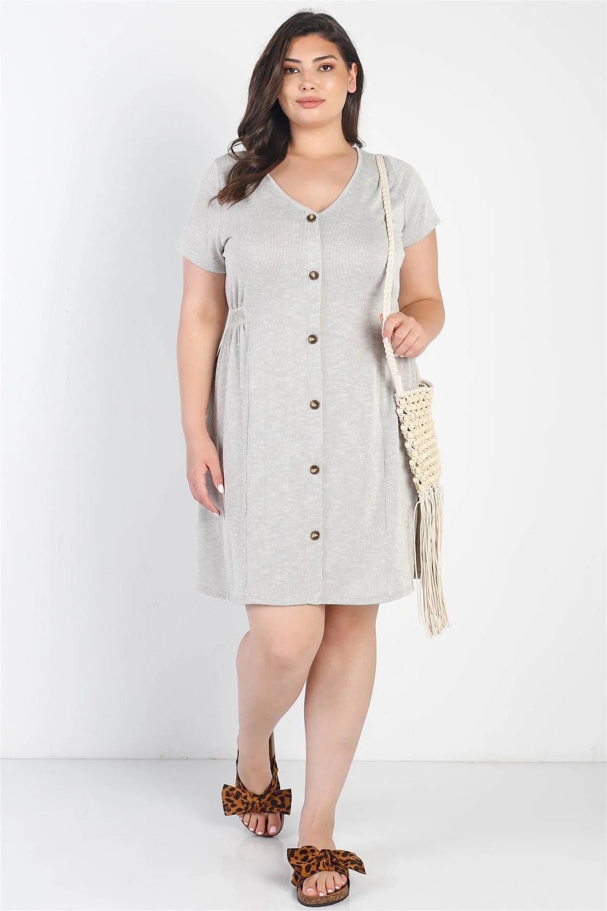 Junior Plus Warm Grey Textured Button-Up Short Sleeve Mini Dress /3-2-1 - Tasha Apparel Wholesale