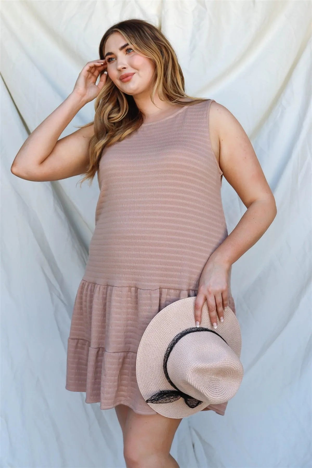 Junior Plus Apricot Textured Ruffle Hem Open Back With Self-Tie Detail Mini Dress /2-2-1 - Tasha Apparel Wholesale