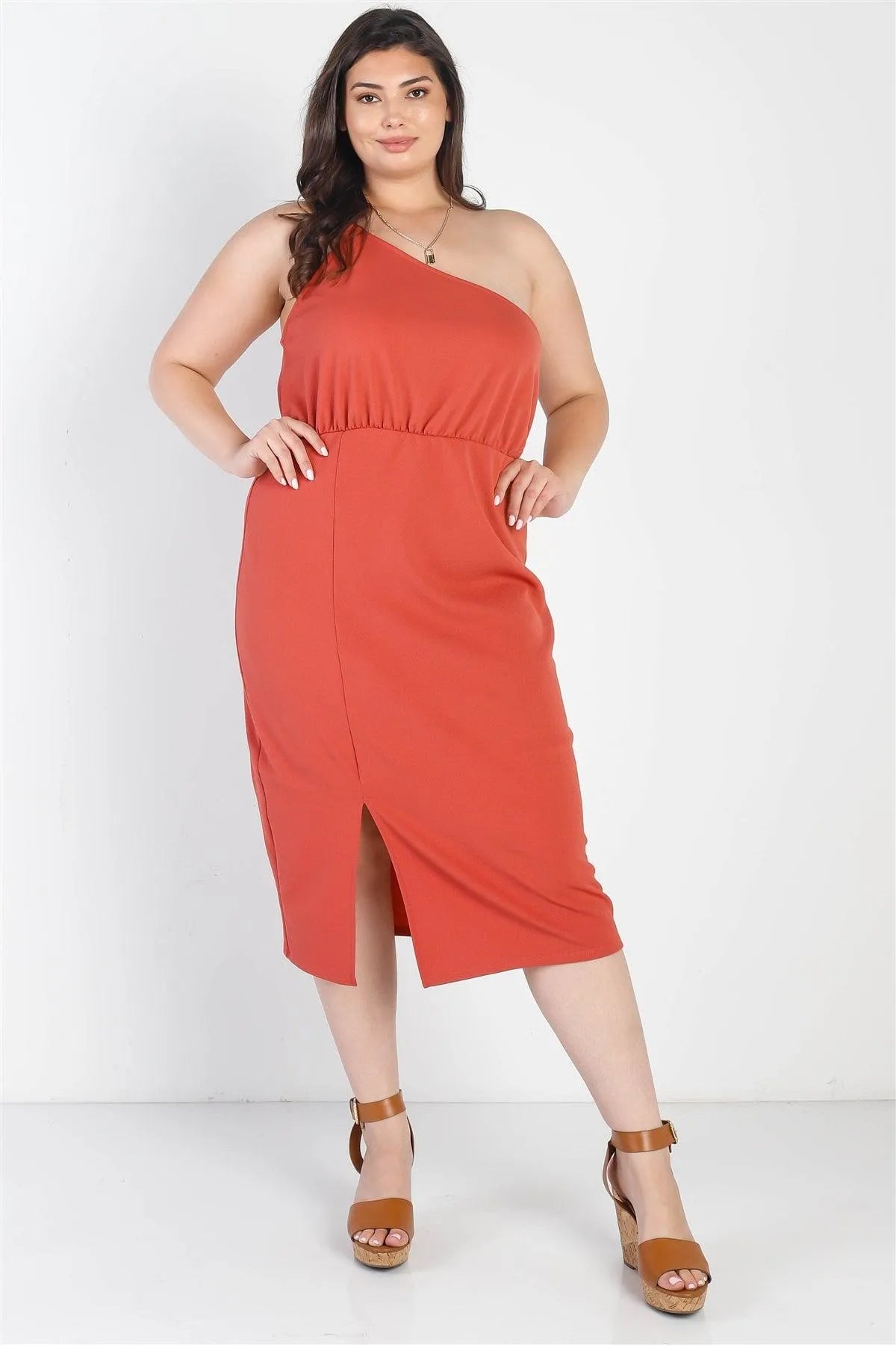 Plus Size Terracotta One Shoulder Sleeveless Midi Dress /3-2-1 - Tasha Apparel Wholesale