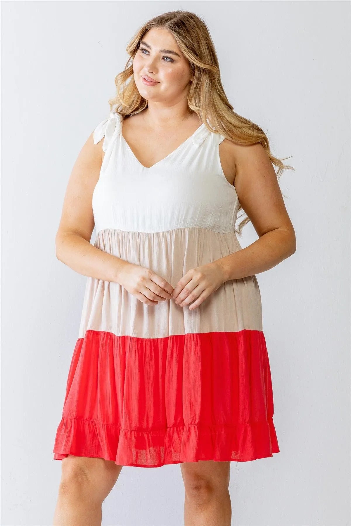 Junior Plus White & Coral Colorblocked Textured Mini Dress /2-1 - Tasha Apparel Wholesale