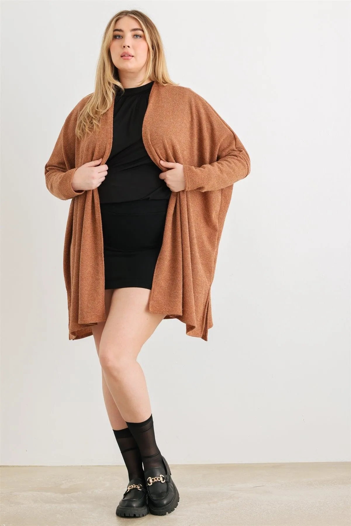 Junior Plus Camel Knit Long Sleeve Open Front Cardigan /3-2-1 - Tasha Apparel Wholesale