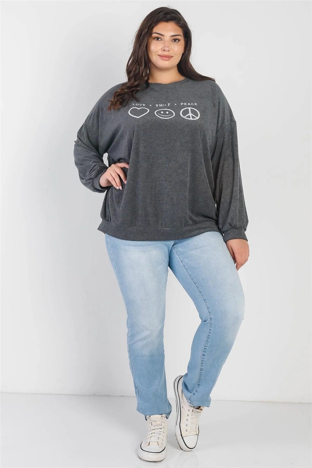 Junior Plus Charcoal "Love Smile Peace" Long Sleeve Top /3-2-1 - Tasha Apparel Wholesale
