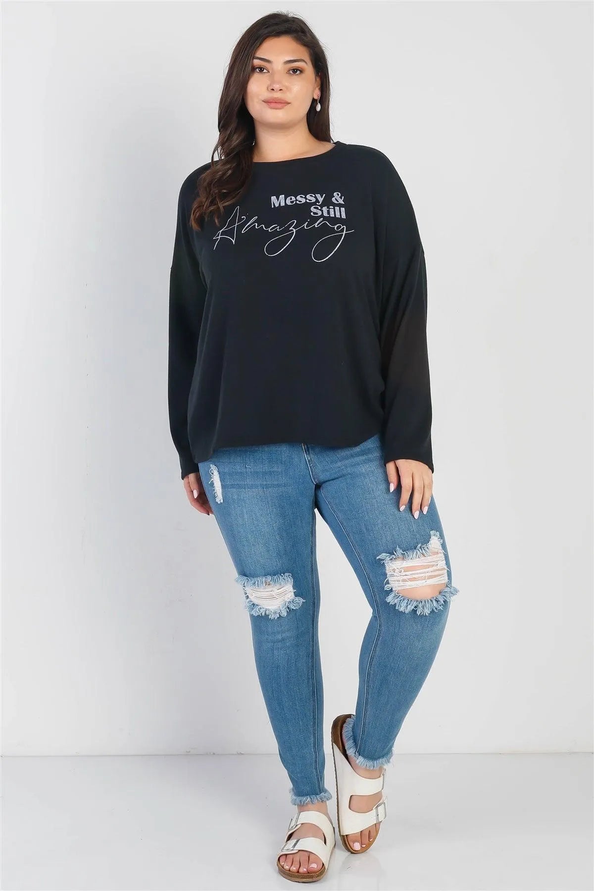 Junior Plus "Messy & Still Amazing" Black Long Sleeve Top /3-2-1 - Tasha Apparel Wholesale