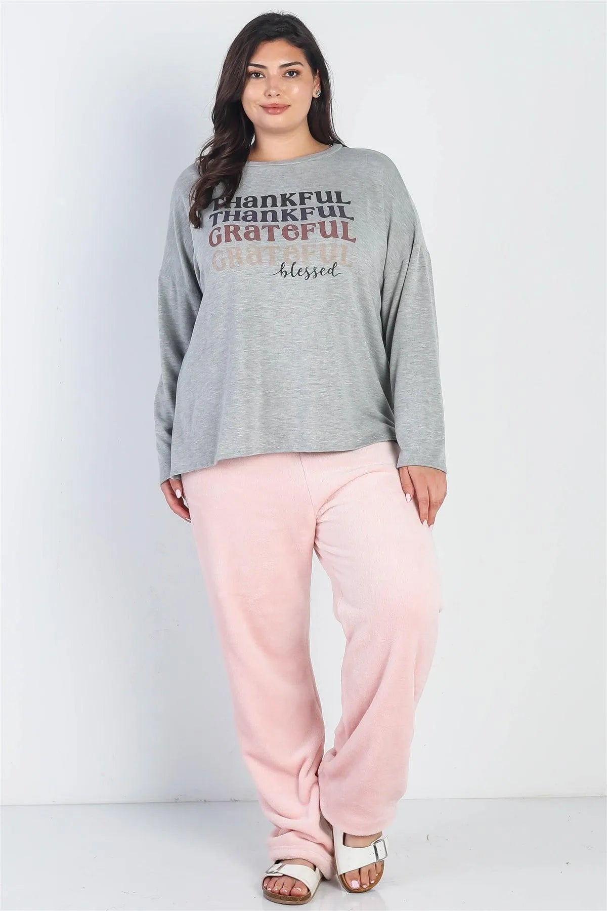 Junior Plus Heather Grey "Thankful" Long Sleeve Top /3-2-1 - Tasha Apparel Wholesale