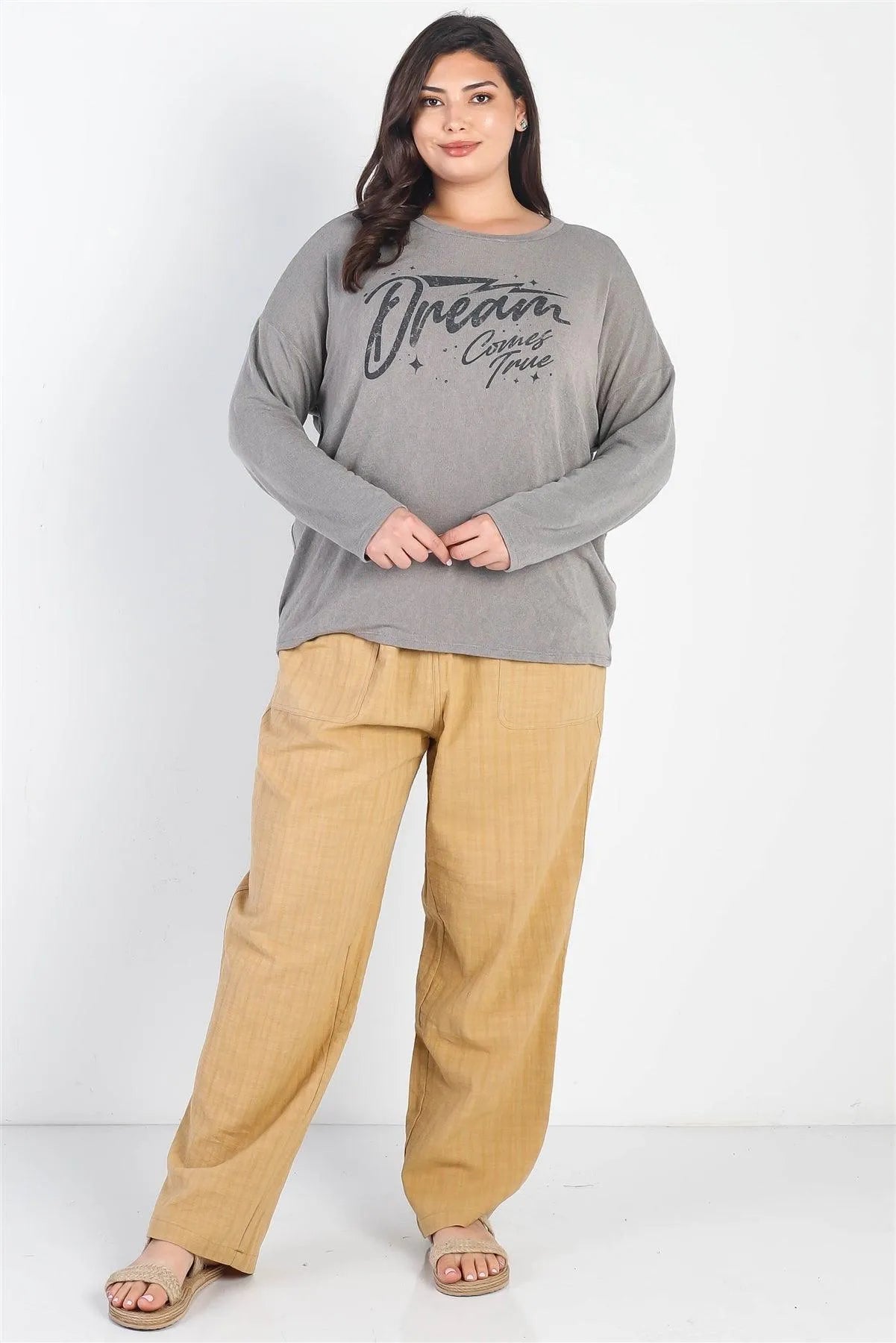 Junior Plus Grey "Dream Comes True" Long Sleeve Top /1-2-1 - Tasha Apparel Wholesale
