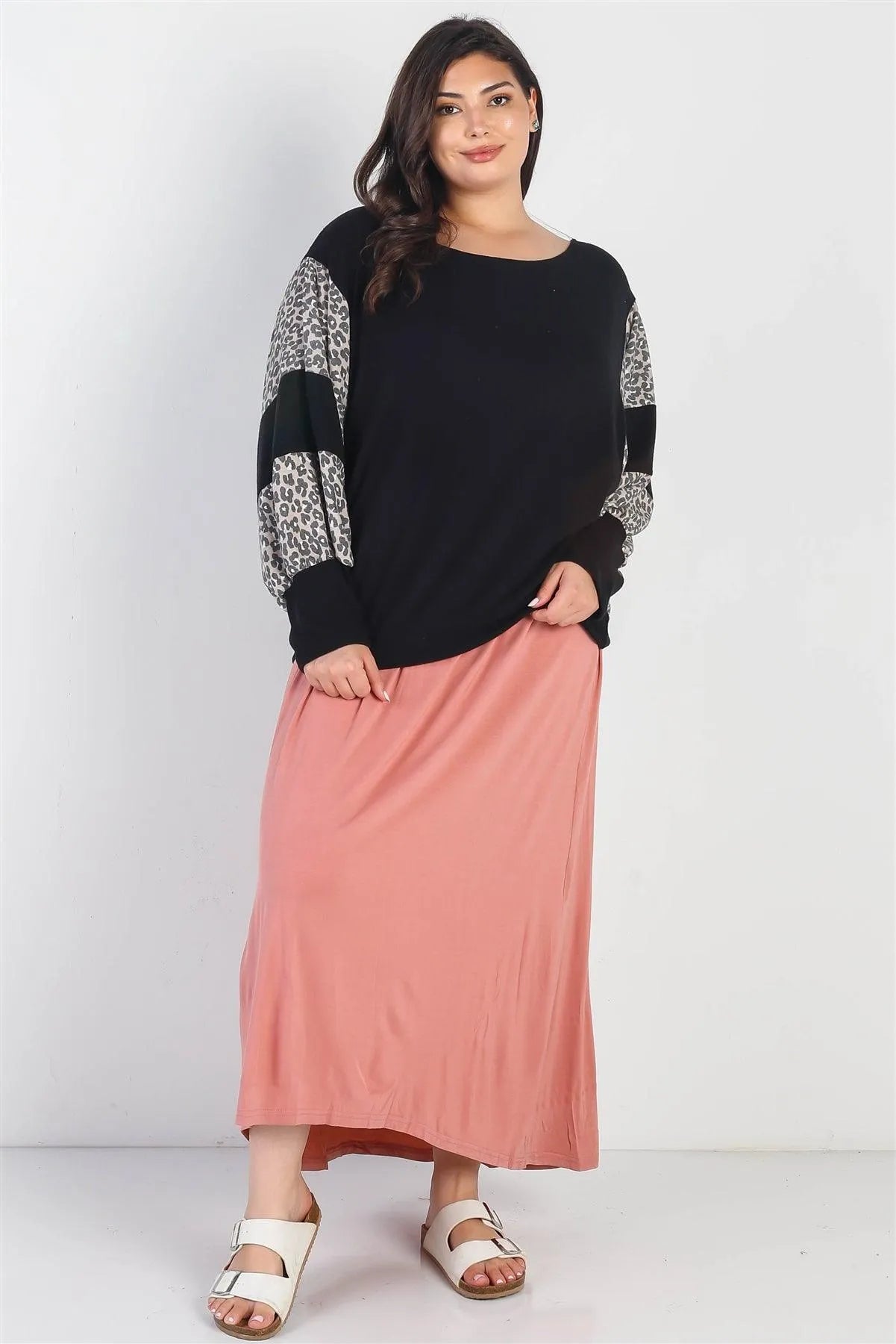 Junior Plus Black Flannel Leopard Print Colorblock Dolman Sleeve Top /2-1 - Tasha Apparel Wholesale