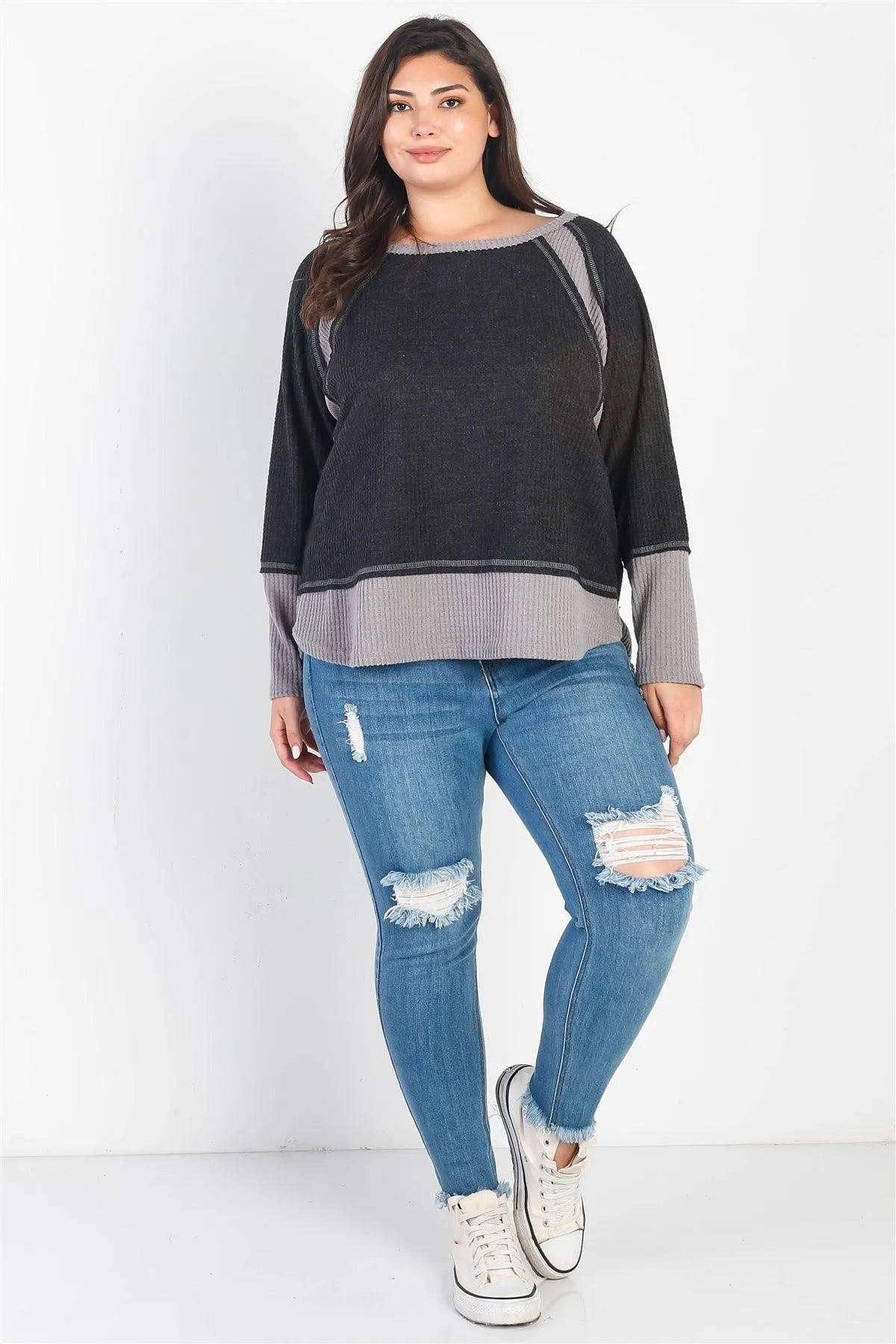 Plus Size Colorblock Waffle Knit Long Sleeve Top /3-2-1 - Tasha Apparel Wholesale