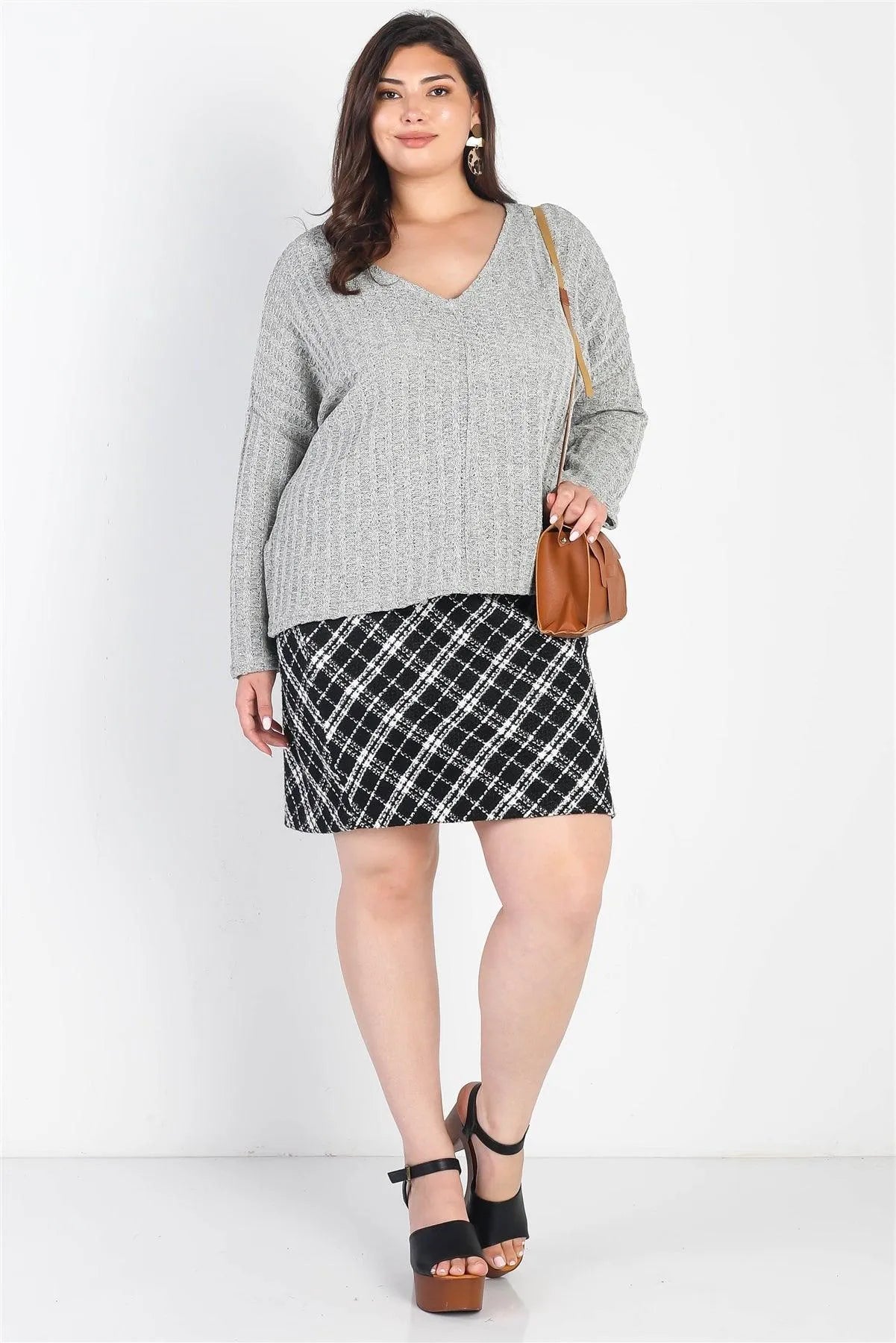 Junior Plus Cement Knit V-Neck Long Sleeve Top /3-2-1 - Tasha Apparel Wholesale