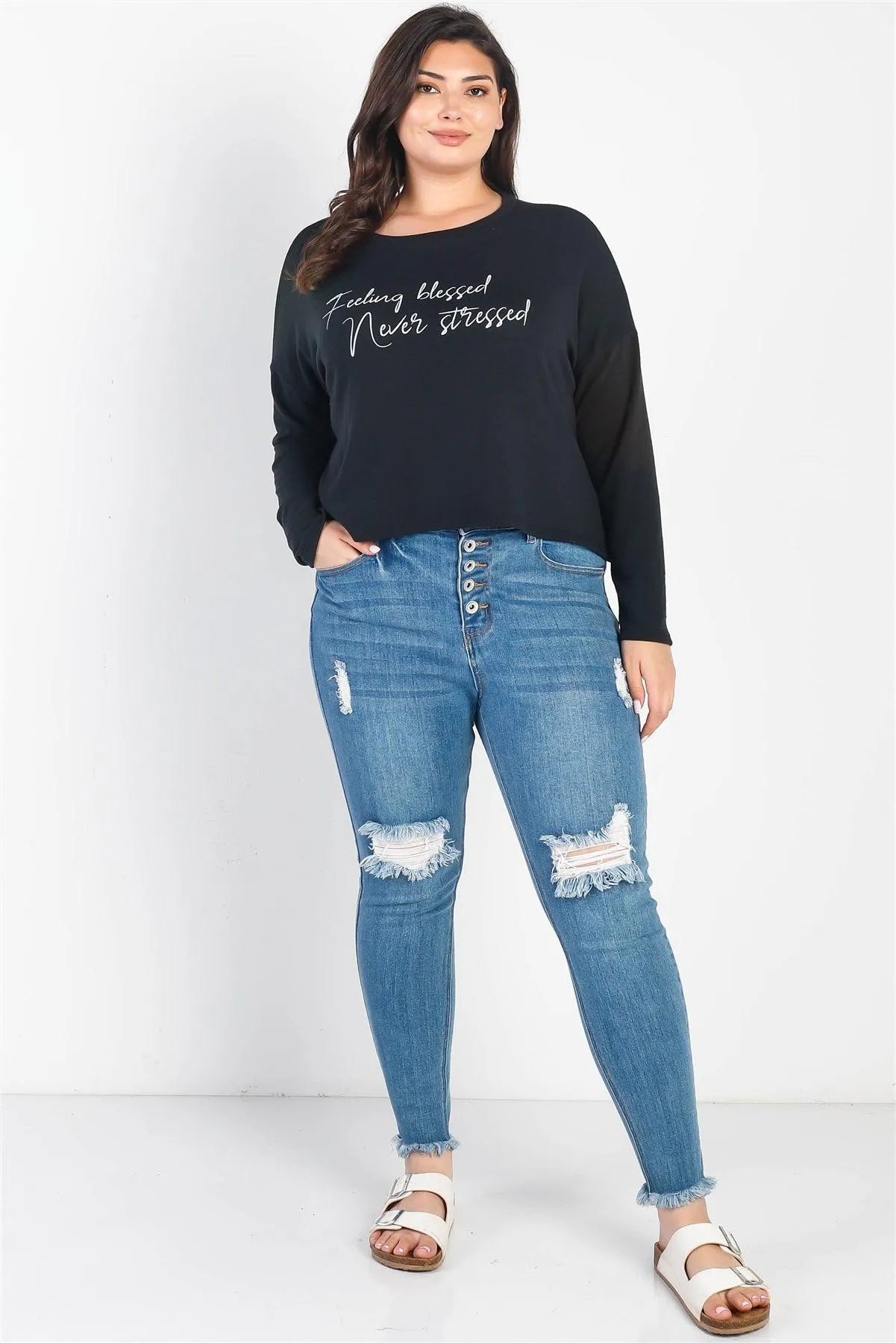 Junior Plus "Feeling Blessed Never Stressed" Black Long Sleeve Top /3-2-1 - Tasha Apparel Wholesale