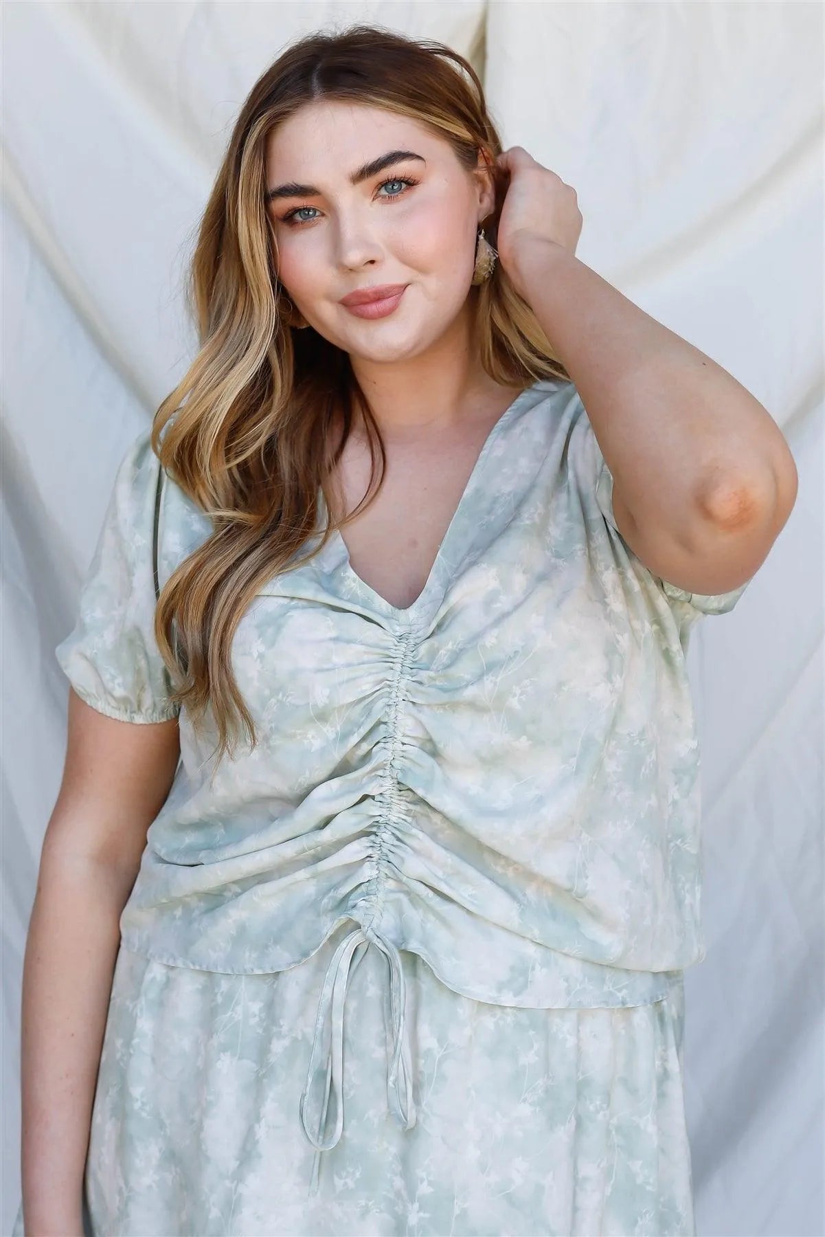 Junior Plus Sage Tie-Dye Floral Print Ruched Top & Mini Skirt Set /3-2-1 - Tasha Apparel Wholesale